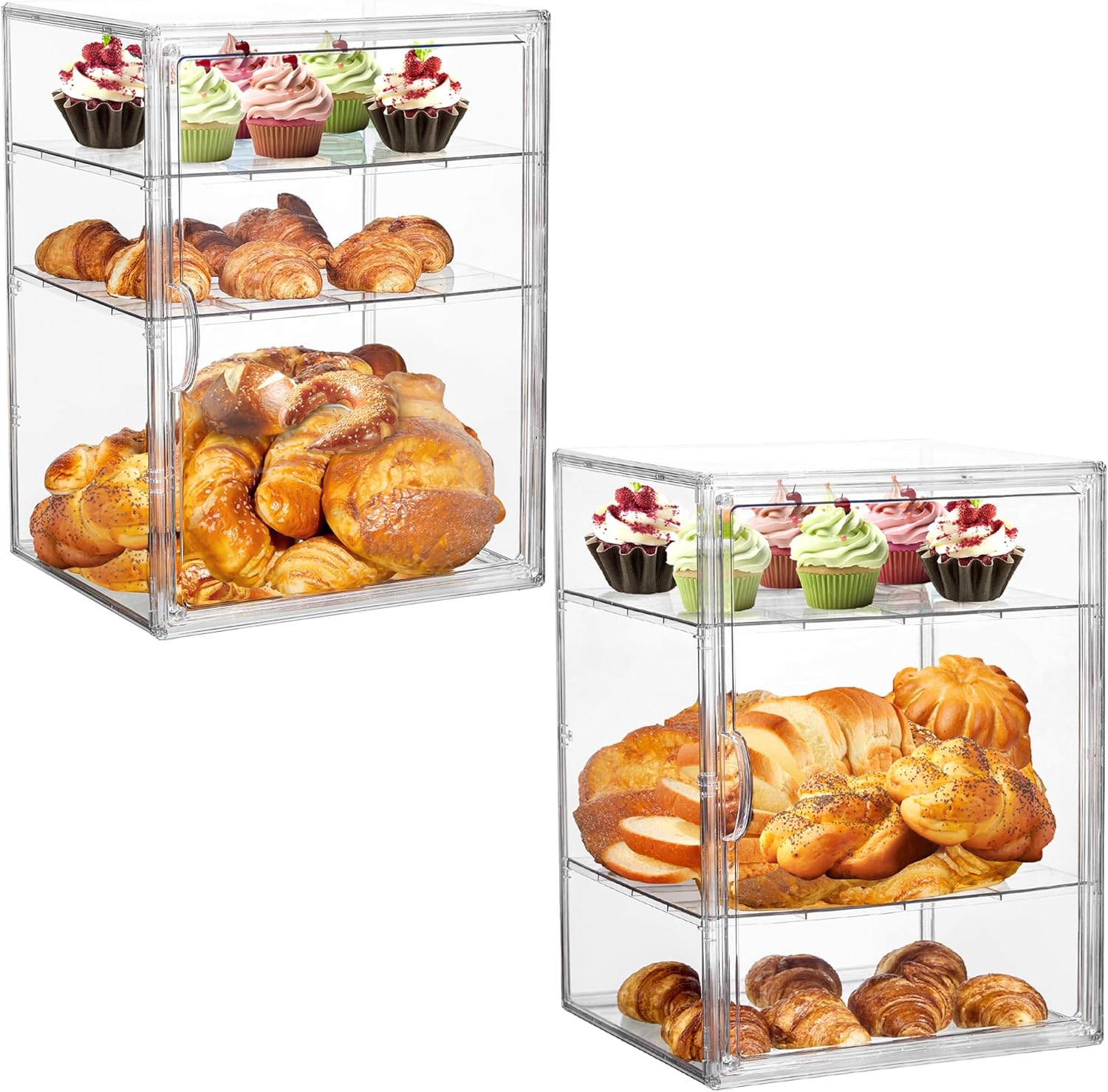 Bread Box For Kitchen Countertop Pastry Bakery Display Case 3 Layers Adjustable Large Bread Storage Container For Homemade Bread, 2 Pack
