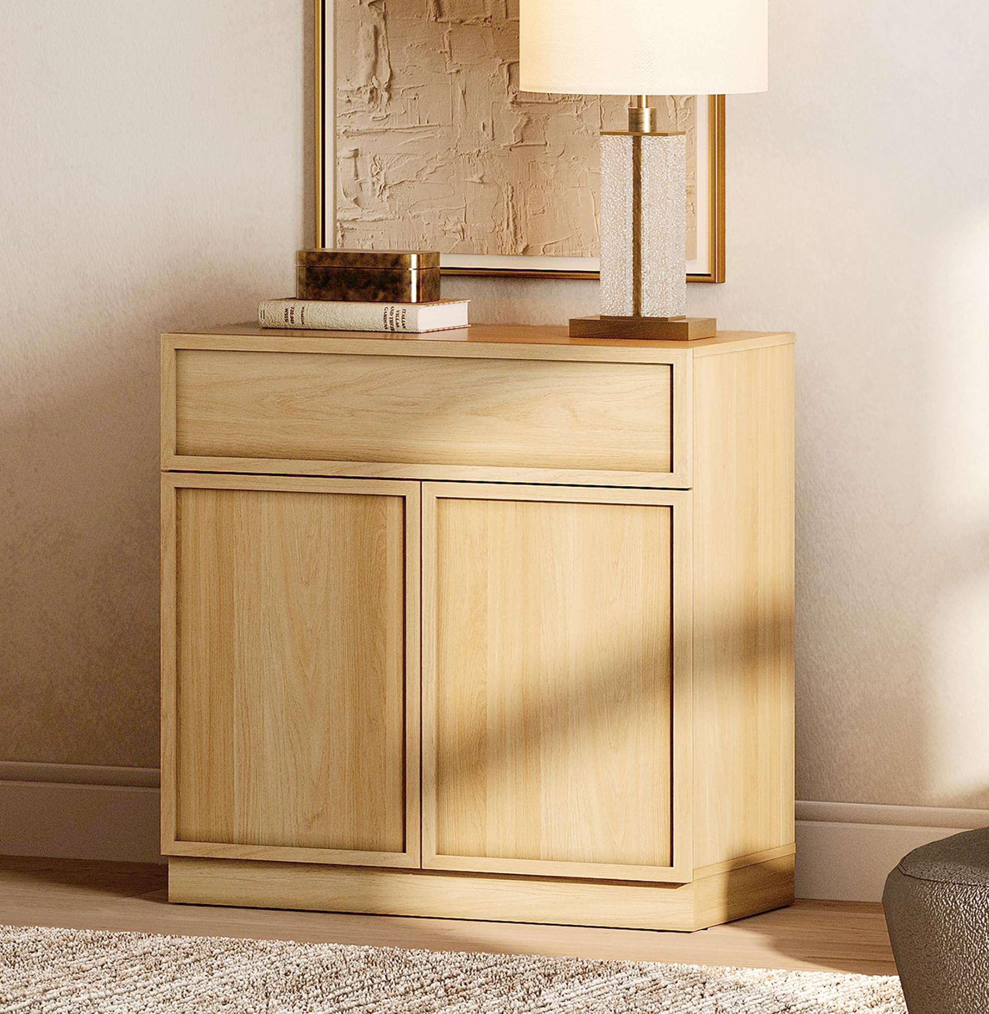 WAMPAT 31.5" Modern Sideboard Buffet Cabinet with 2 Doors and Drawer, Multifunctional Sideboard with Large Storage and Adjustable Shelf, Coffee Bar Storage Cabinet for Kitchen, Living Room, Oak