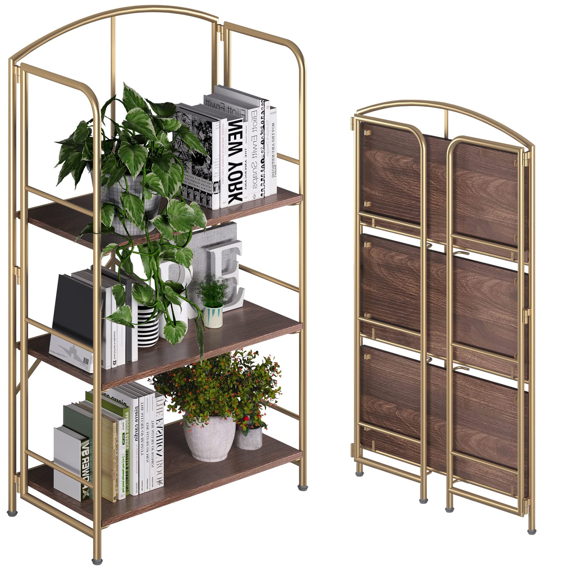 Photo 1 of GHQME No Assembly Folding Bookshelf, Metal Book Shelf (Brown and Gold, 3 Tiers) 