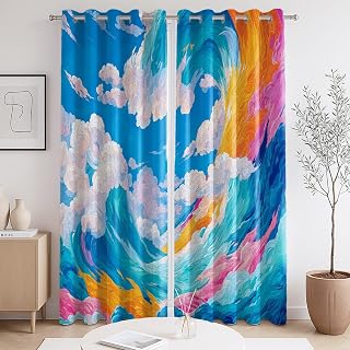 Light Blocking Sound Dampening Microfiber Blackout Curtains Anime Clouds Waves Easy to Clean with Grommets, Two Panels for Living Room Window 50" W x 84" L (2 Paneles),Colorful
