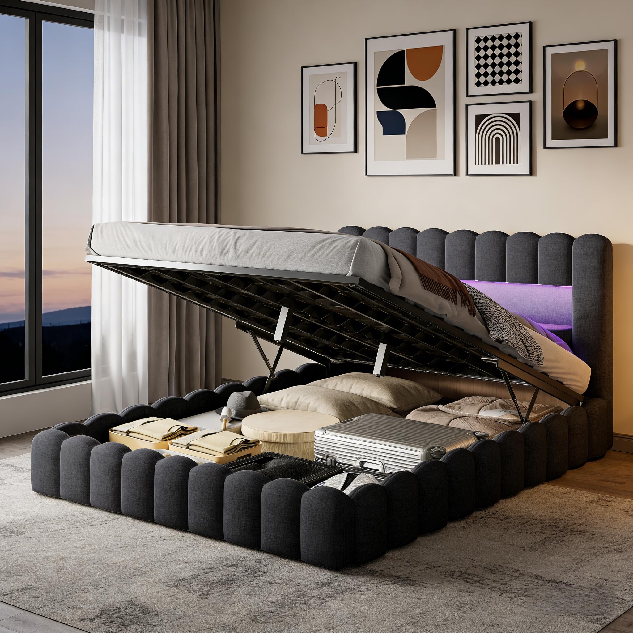BRILVERDE Lit Coffre 140x200 cm,Tête de lit avec éclairage LED, Fonction de Chargement USB et de Rangement,Lit Double avec Rangement, sommier tapissier avec Rangement,Lin, sans Matelas(Gris, 140x200)