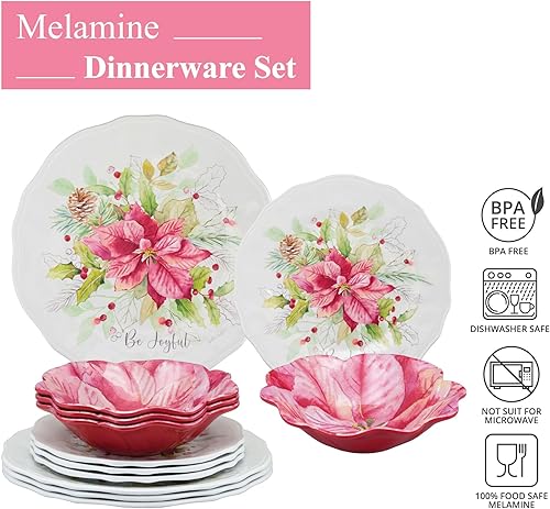 Miniatura 3 de UP ware - Juego de vajilla de melamina de 12 piezas, incluye platos llanos, platos de ensalada, cuencos, servicio para 4 personas (Joyful Holiday)