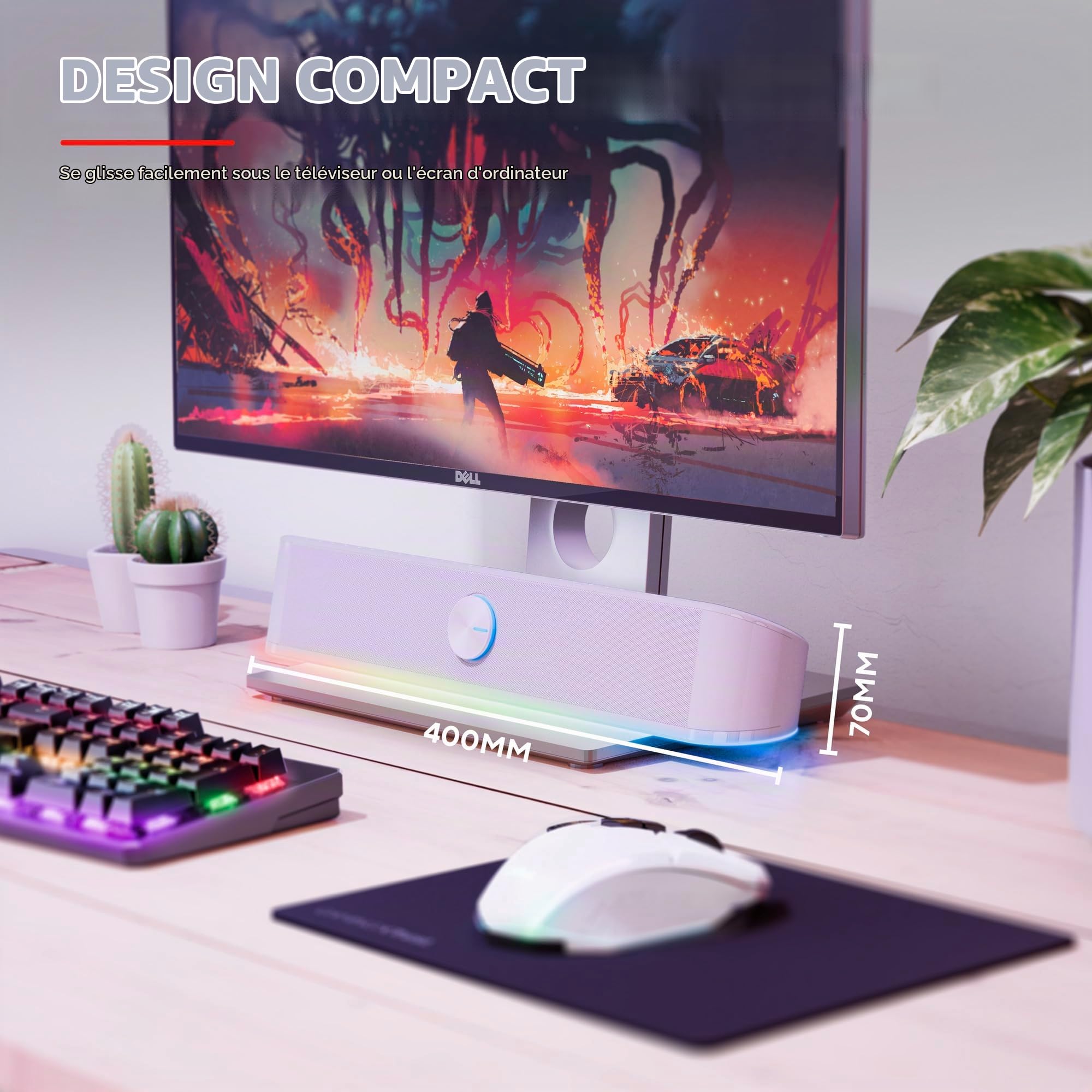 Trust Gaming GXT 619W Thorne Barre de Son RGB 12W, Enceintes Stéréo 2.0, Haut Parleur Compact avec Éclairage LED, Aux 3.5mm, Alimentation USB, Enceinte PC Gamer, Ordinateur Portable - Blanc