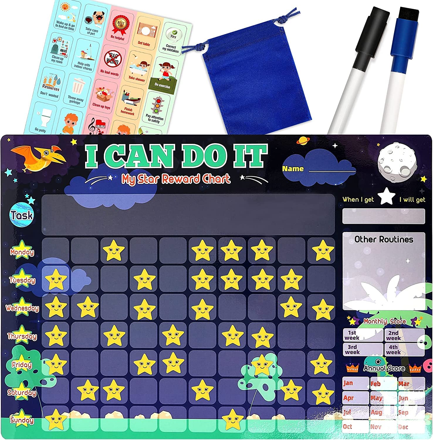 Magnetic Chore Chart for Kids - 16.5" x 11.7" Reward Chores Chart with Box - Toddlers Dry Erase Good Behavior Chart to Motivate Responsibility & Good Habits - Interactive Learning Tool (blue)