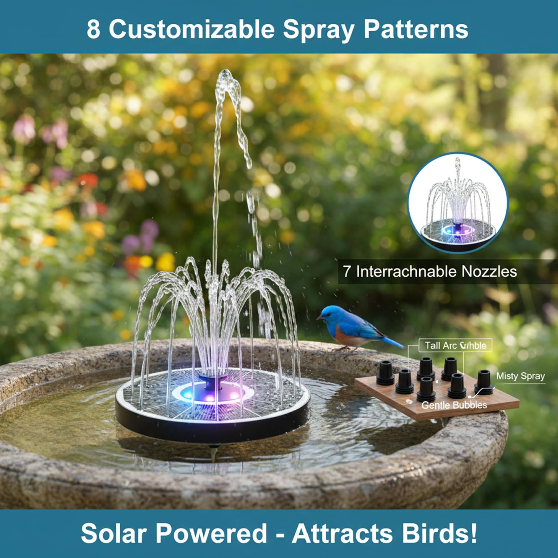 Fontana ad energia solare da 16 pollici con luci LED colorate Fontana galleggiante RGB con 6 ugelli spray per il bagno degli uccelli Decorazione da giardino all'aperto