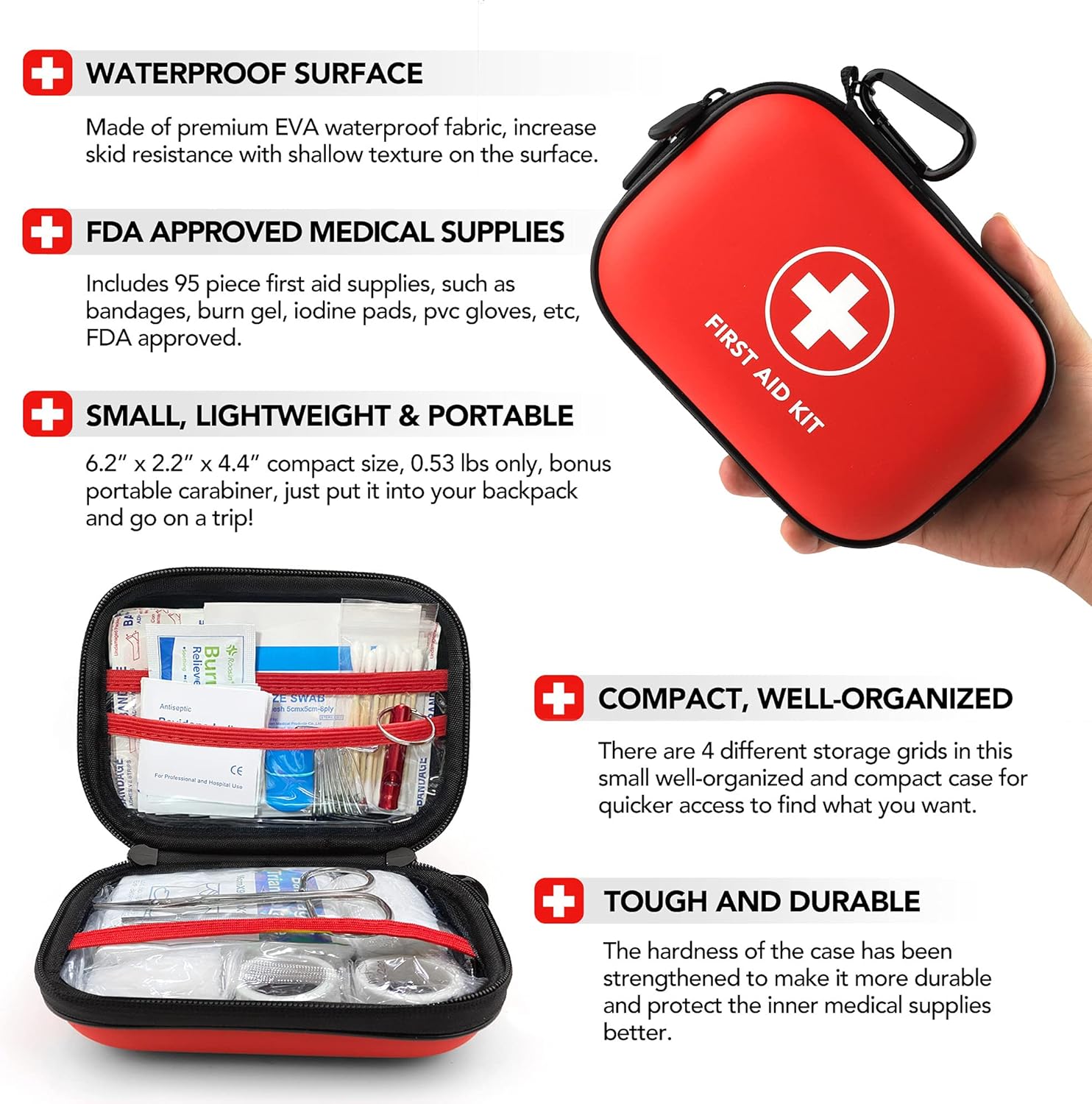 Mini First Aid Kit, 100 Pieces Water-Resistant Hard Shell Small Case - Perfect for Travel, Outdoor, Home, Office, Camping, Hiking, Car (Red) : Sports & Outdoors