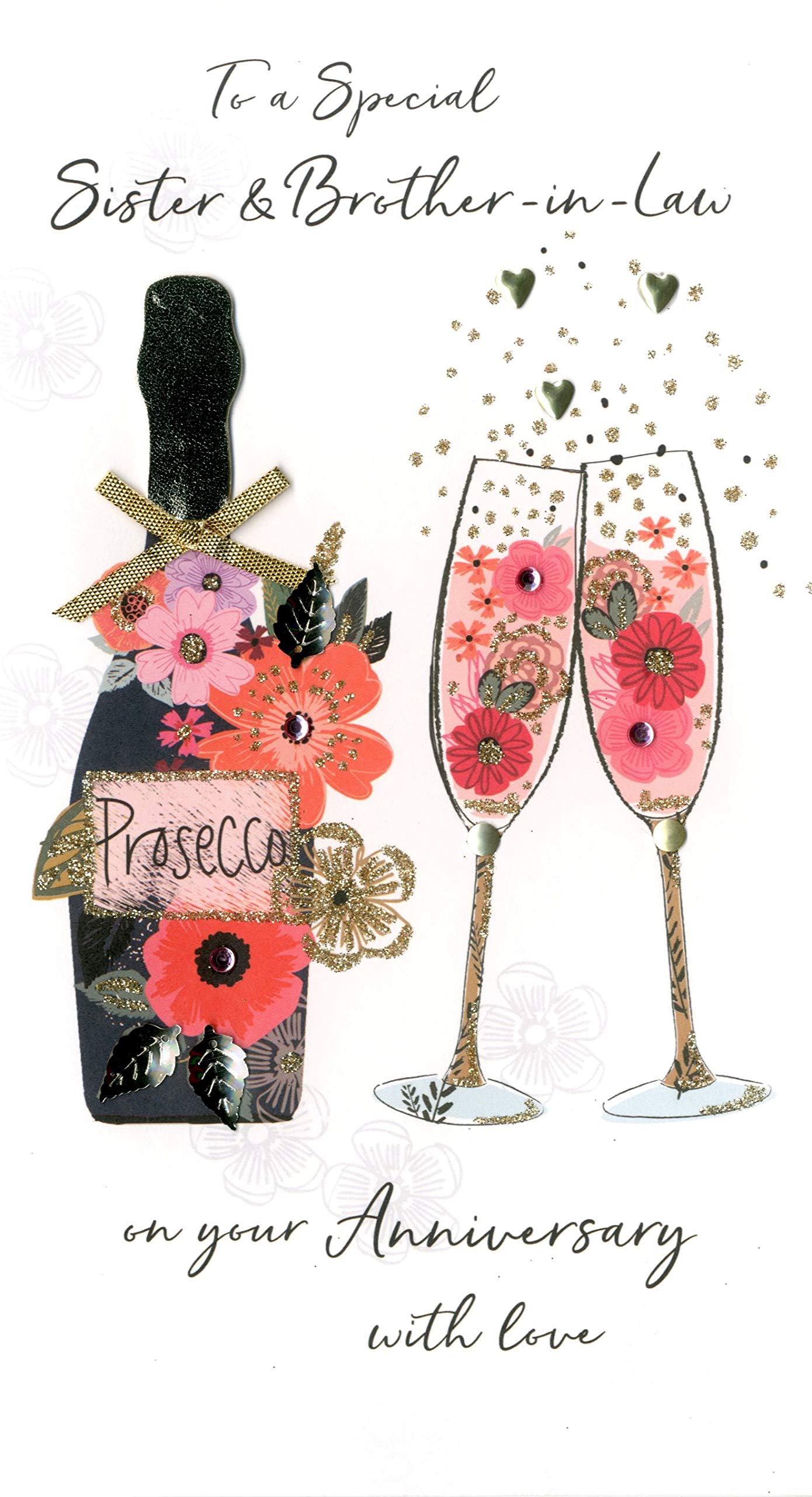 Sister & Brother-in-Law Anniversary Greeting Card Hand-Finished Champagne Range Cards JGS628, white|pink|grey|oak|black, 14cm x 24cm