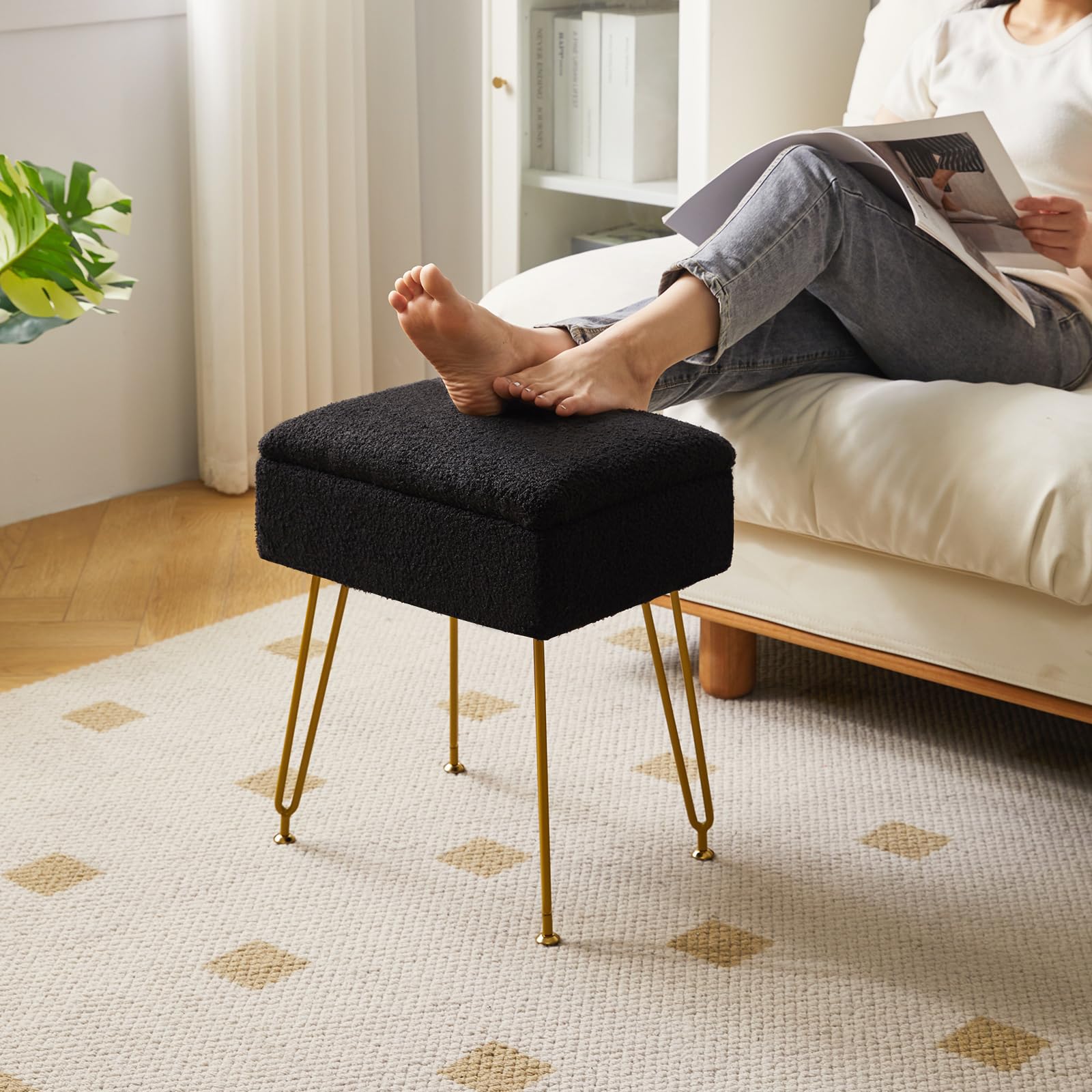 YMYNY Taburete, Otomanas, Taburete de Almacenamiento, Taburete de Maquillaje Silla con Espacio, Soporte de Metal, Bancos de Tocador, Multifuncional, para Salón Dormitorio 40×30×47CM Negro HBD031B