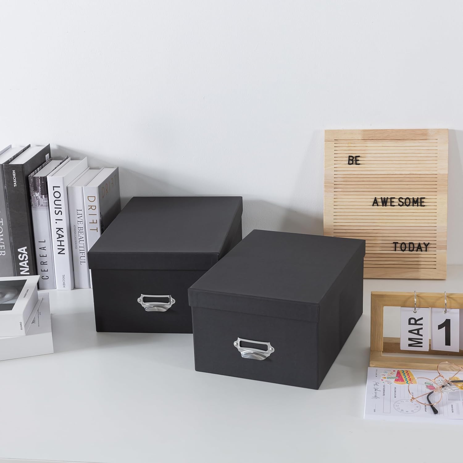 Soul & Lane Black Decorative Cardboard Storage Boxes with Lids, Set of 2 Stacking Keepsake Photo and Memory Boxes for Home & Office, Elegant Paperboard Organizers with Label Holders and Drawer Pulls