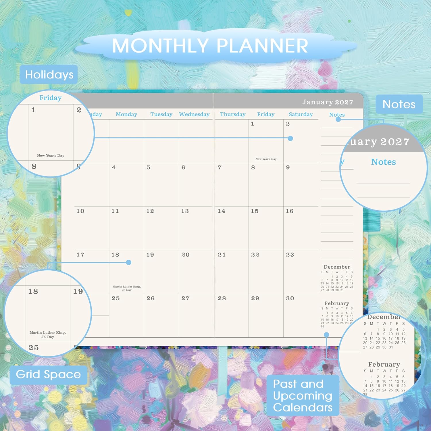 2027-2029 Pocket Planner/Calendar - 3 Year Monthly Planner 2027-2029, JAN. 2027 - DEC. 2029(36 Months), 6.3" x 3.8", Monthly Pocket Calendar with 60 Note Pages, Pen Hold, Perfect Organizer for Purse - Oil Painting image 3