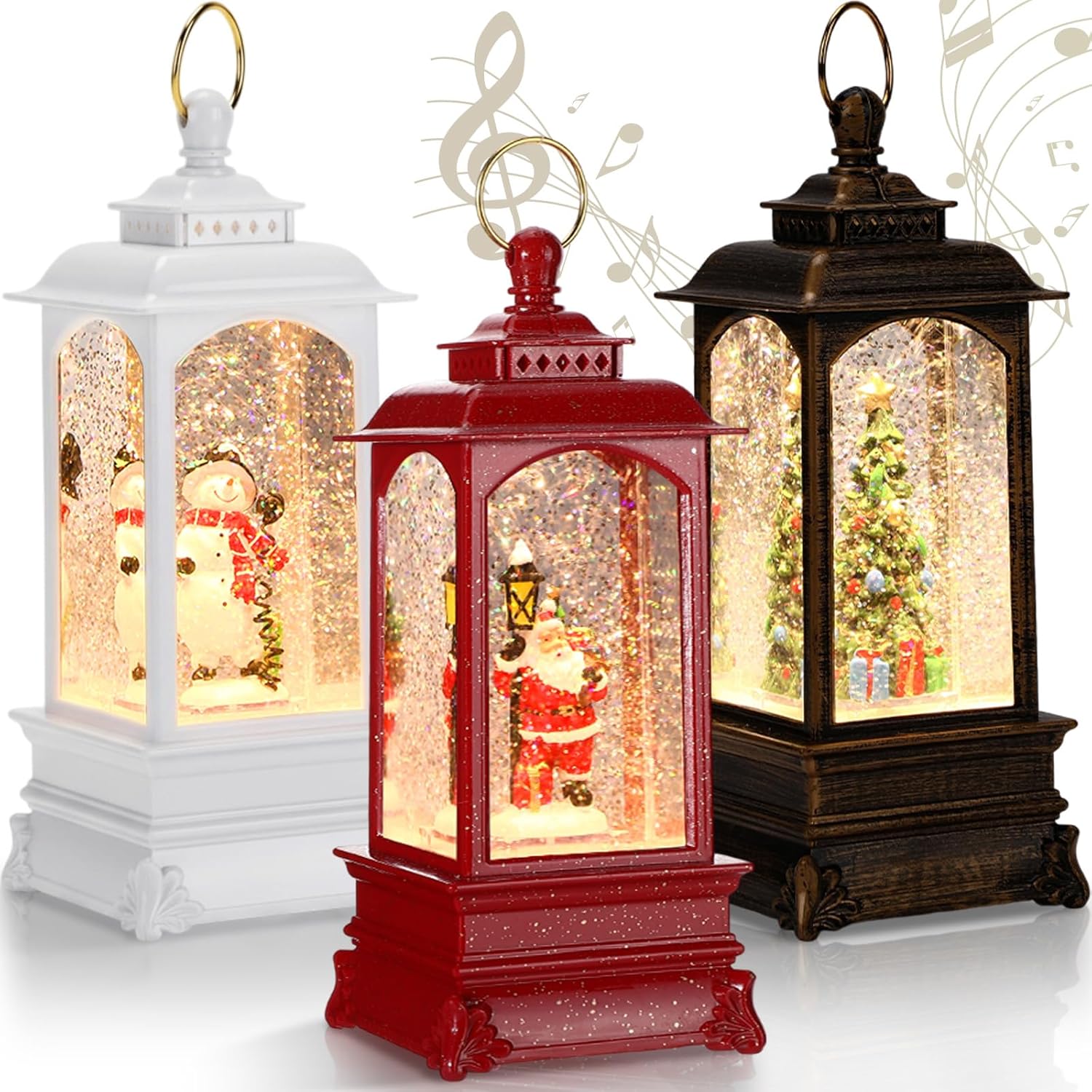 3 Pcs Christmas Snow Globe Lantern with Music Decorative 7.8" Lighted Snowman Santa Christmas Tree Water Glittering Hanging Ornament Light Gifts for Xmas Tabletop Centerpiece Decoration