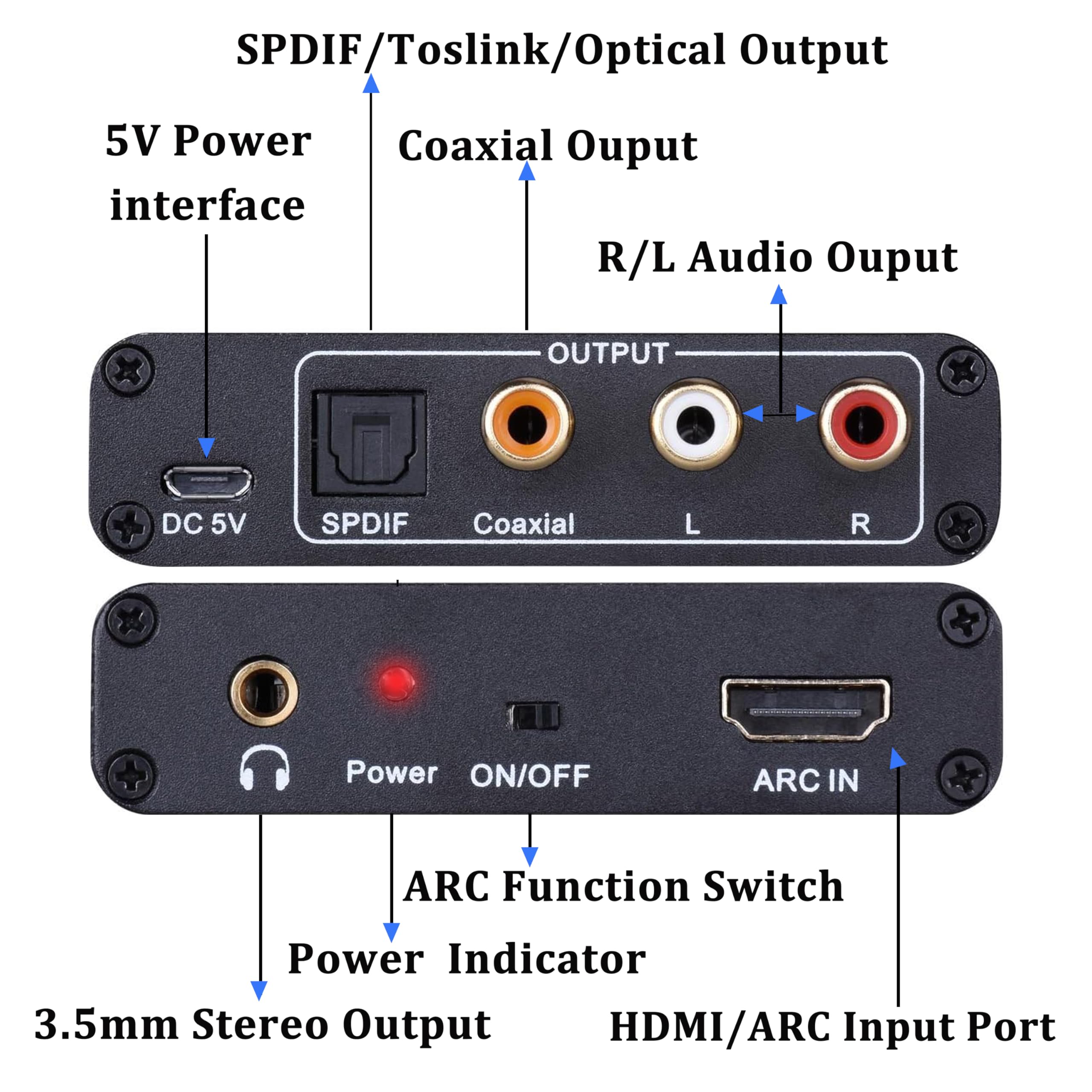 HDMI ARC Audio Konwerter, HDMI ARC Ekstraktor Adapter z Cyfrowy Optyczny Toslink SPDIF Koncentryczny oraz Analogowe RCA L/R 3,5 mm Stereo Audio Konwerter dla HDTV Wzmacniacz Soundbar Głośnik