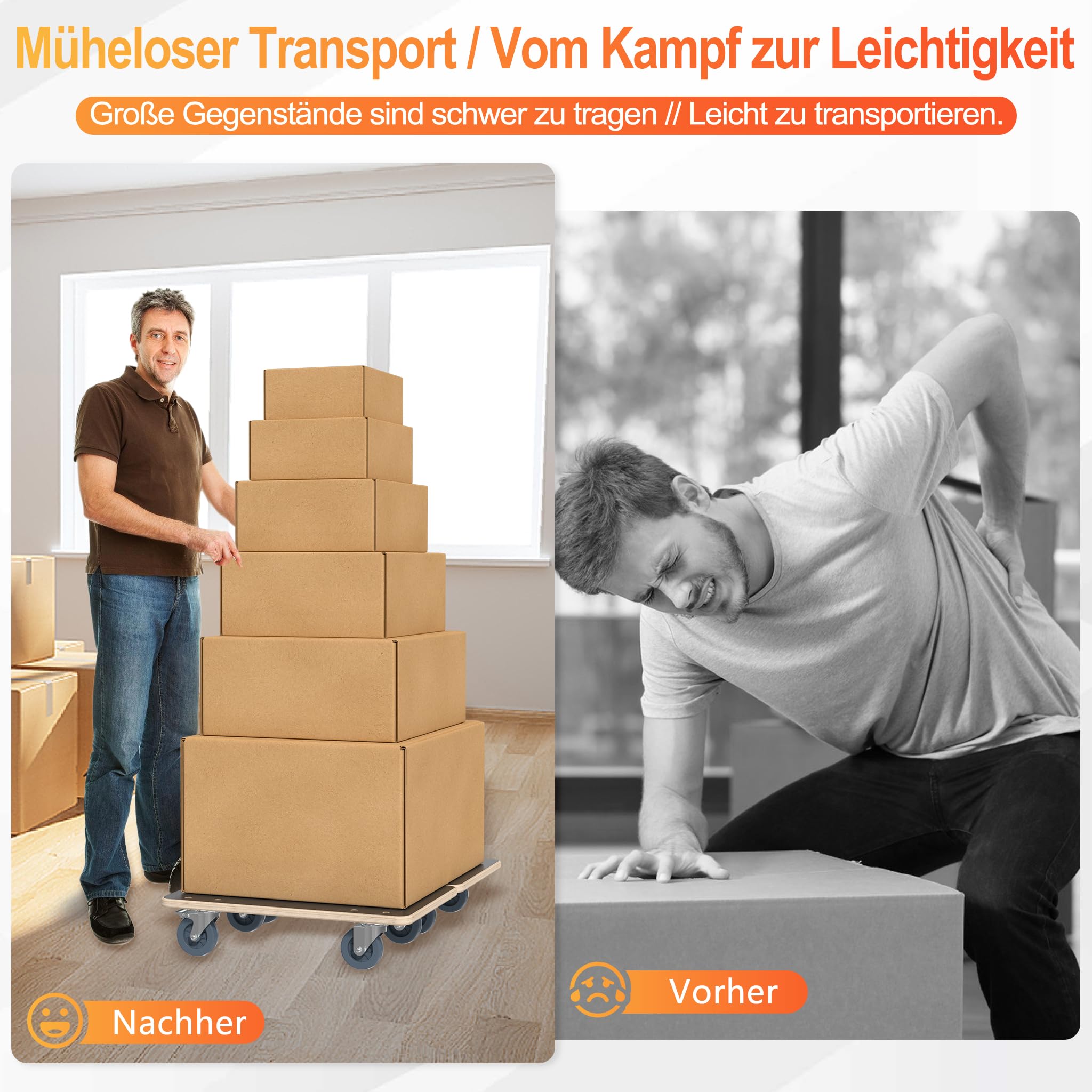 YRHome Rodillo de transporte con freno de pie, asa de freno, tabla de transporte, 60 x 40 x 14,5 cm, hasta 200 kg, resistente al agua, antideslizante, para mudanzas, muebles, perros, ruedas, 2