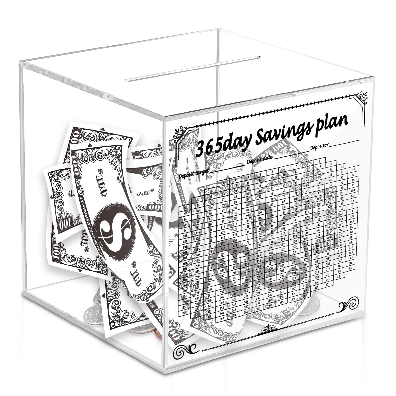 Zambuph Money Saving Box For Adults Clear Money Box With 365 Day Challenge For Successful Savings And Budgeting Tin Cant Be Opened Holiday Fund, 15 * 15 * 15Cm