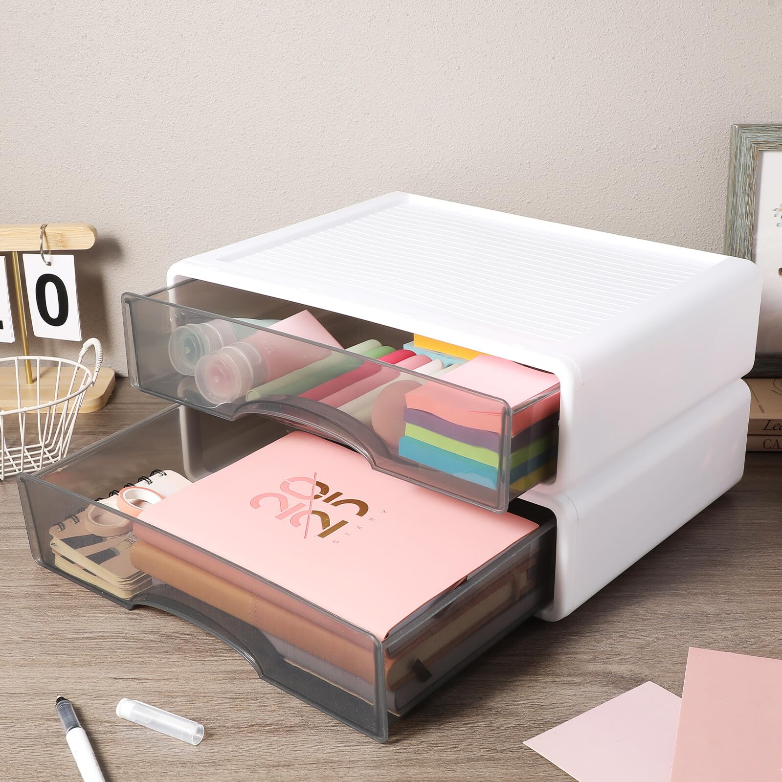 2 pezzi Portaoggetti Scrivania in Plastica Resistente Organizer Impilabili con Design Minimalista per Cancelleria Makeup e Documenti