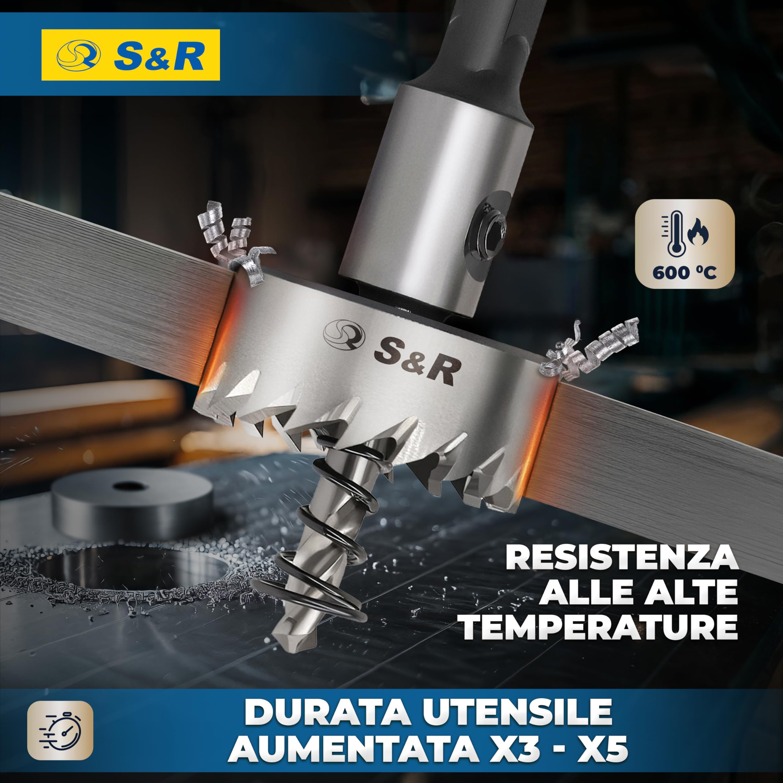 S&R Set 5 Seghe a Tazza Metallo HSS Frese in Acciaio Cobalto. Sega a tazza 16mm 18,5mm 20mm 25mm 30mm per Metallo Legno plastica. Codolo Esagonale 9,5 mm.