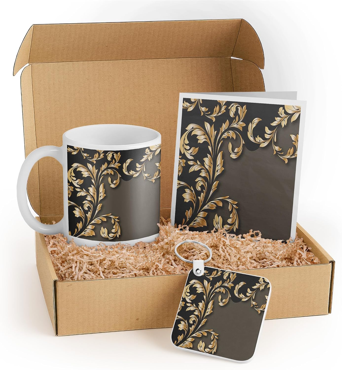 3dRose Elegant Gift Set with Mug, Notebook, and Keychain - Gold Leafy Flourish Design - Perfect for Friends, Holidays, and Birthdays
