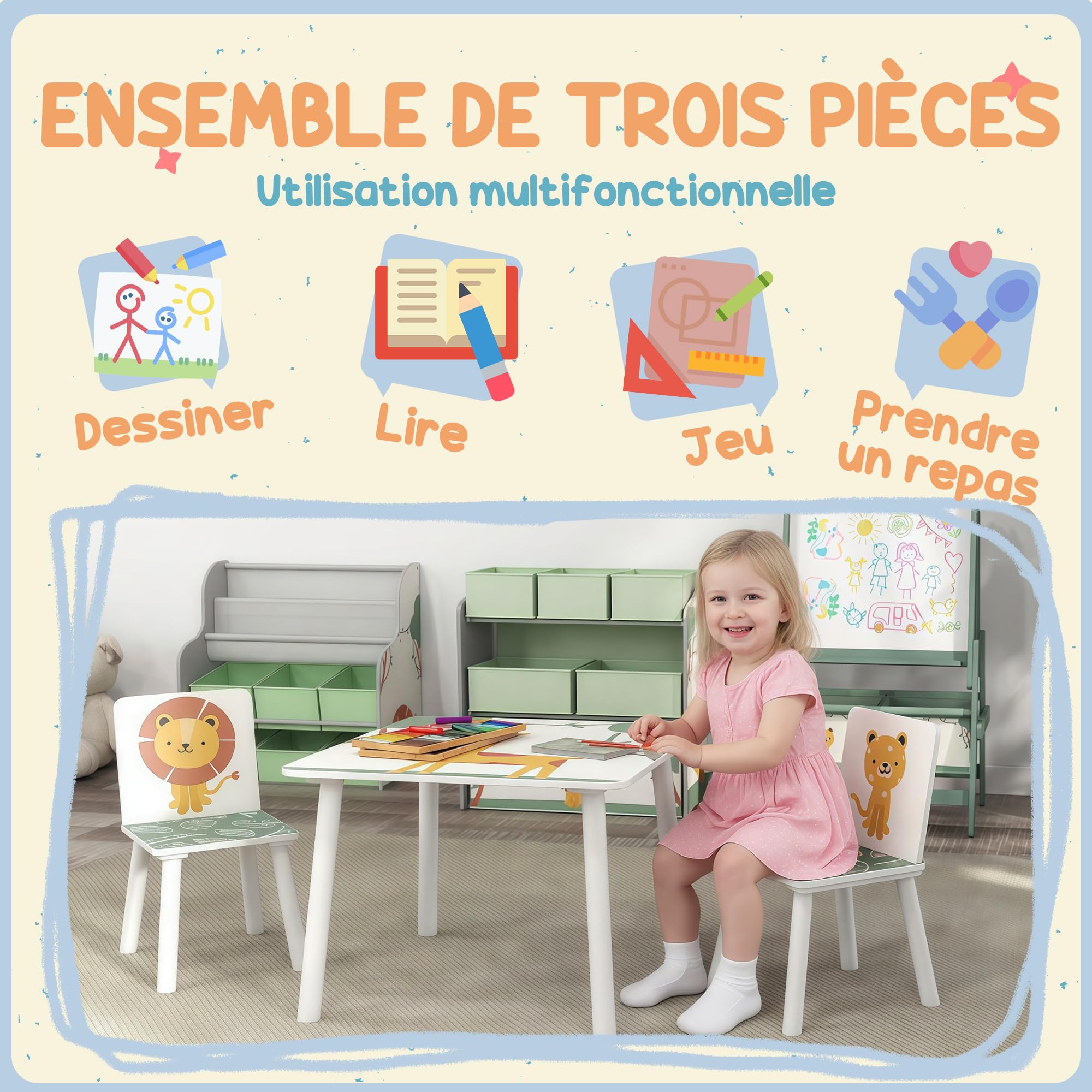 AIYAPLAY Table Enfant avec 2 Chaises en Bois pour Dessiner, Jouer, étudier, Motifs Animaux, Vert, 3-8 Ans