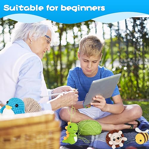 Miniatura 5 de BI CLHS Kit de ganchillo para principiantes, Amigurumi Kit de animales de ganchillo con video paso a paso león, pingüino, dinosaurio o abeja,