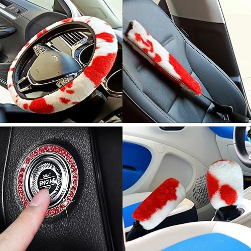 Miniatura 6 de ZXGHIJJ - Juego de 9 fundas para volante con estampado de vaca esponjosa para mujer, funda suave y cálida para volante con patrón de vaca peluda y