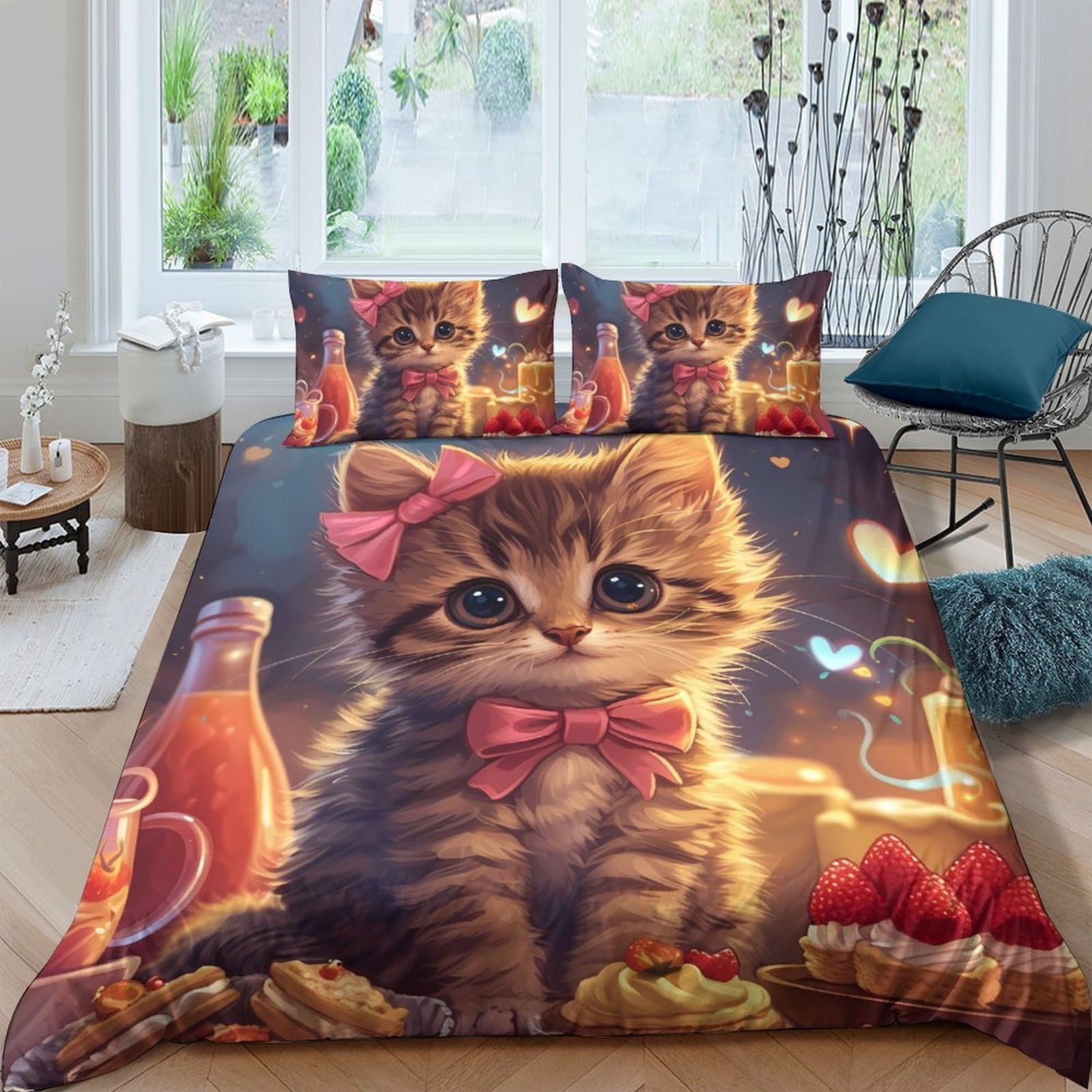 Housse de couette chat 140x200 cm en microfibre avec parure de lit 3D