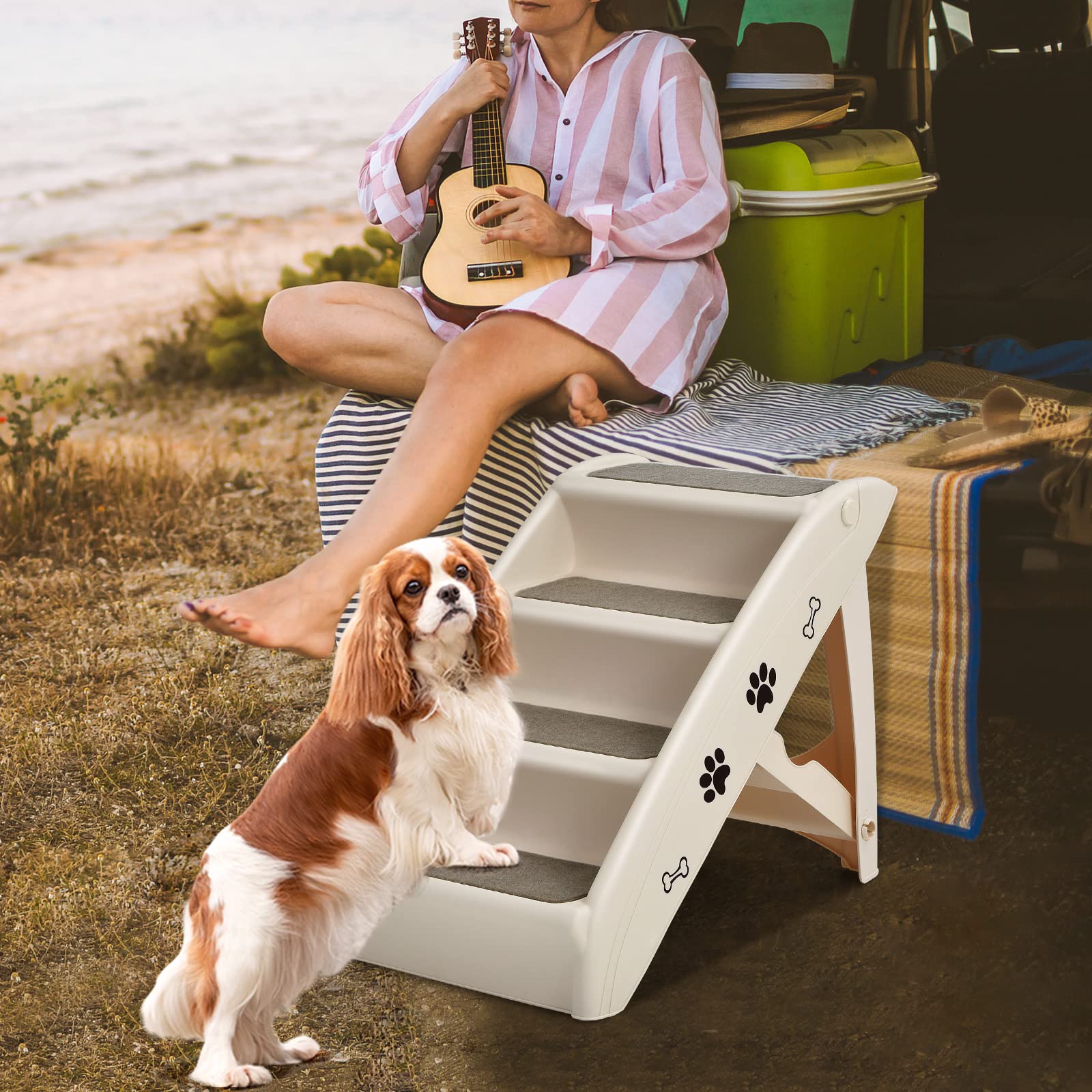 GYMAX Scaletta Pieghevole per Animali Domestici, Scaletta a 4 Gradini per Gatti e Cani in Plastica con Rivestimento Antiscivolo, Facile da Salire e Scendere, Carico di 60 kg, 62 x 38 x 50 cm (Beige)