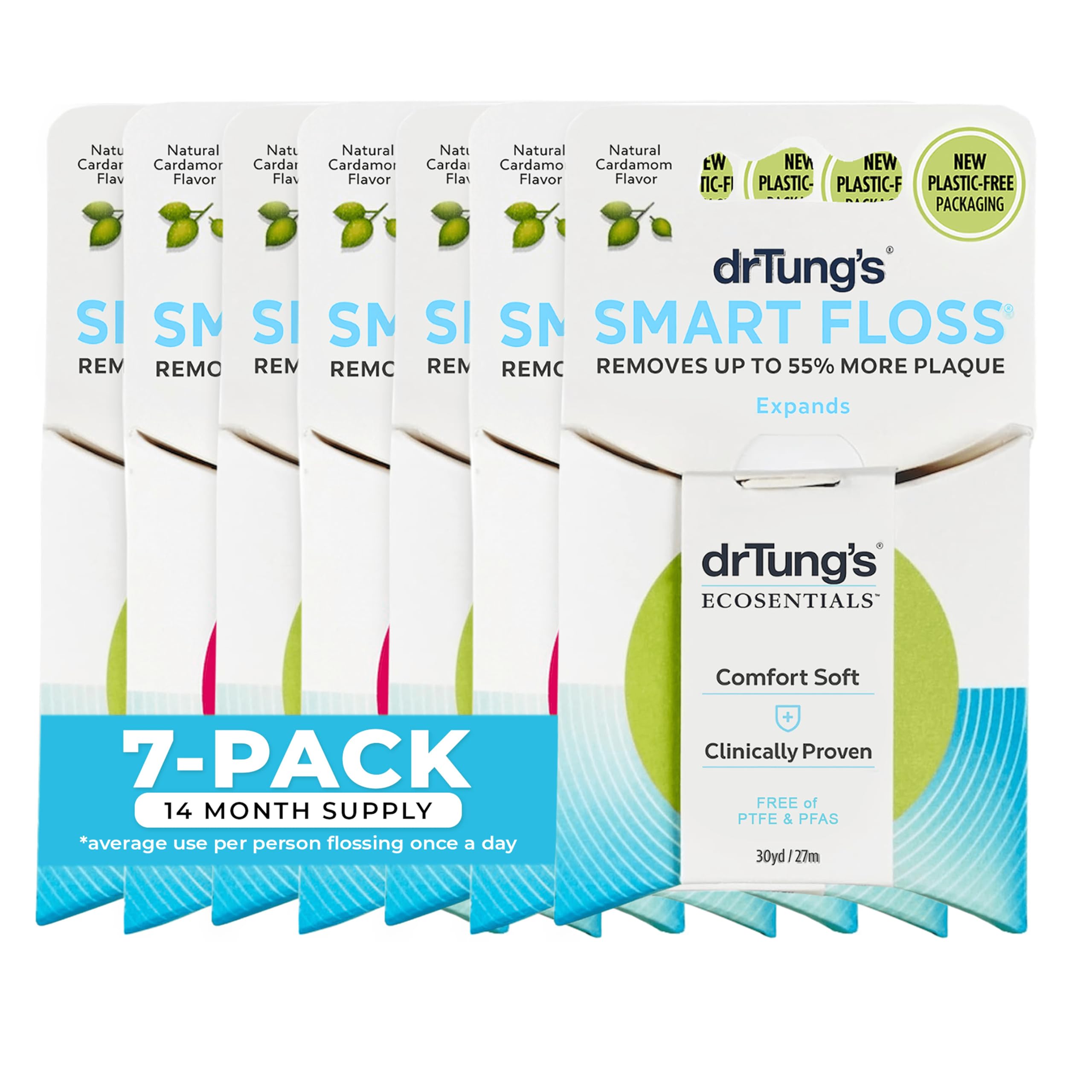 DrTung's Smart Floss - Natural Floss, PTFE & PFAS Free Floss, Gentle on Gums, Expands & Stretches, BPA Free - Natural Dental Floss Cardamom Flavor (Pack of 7)