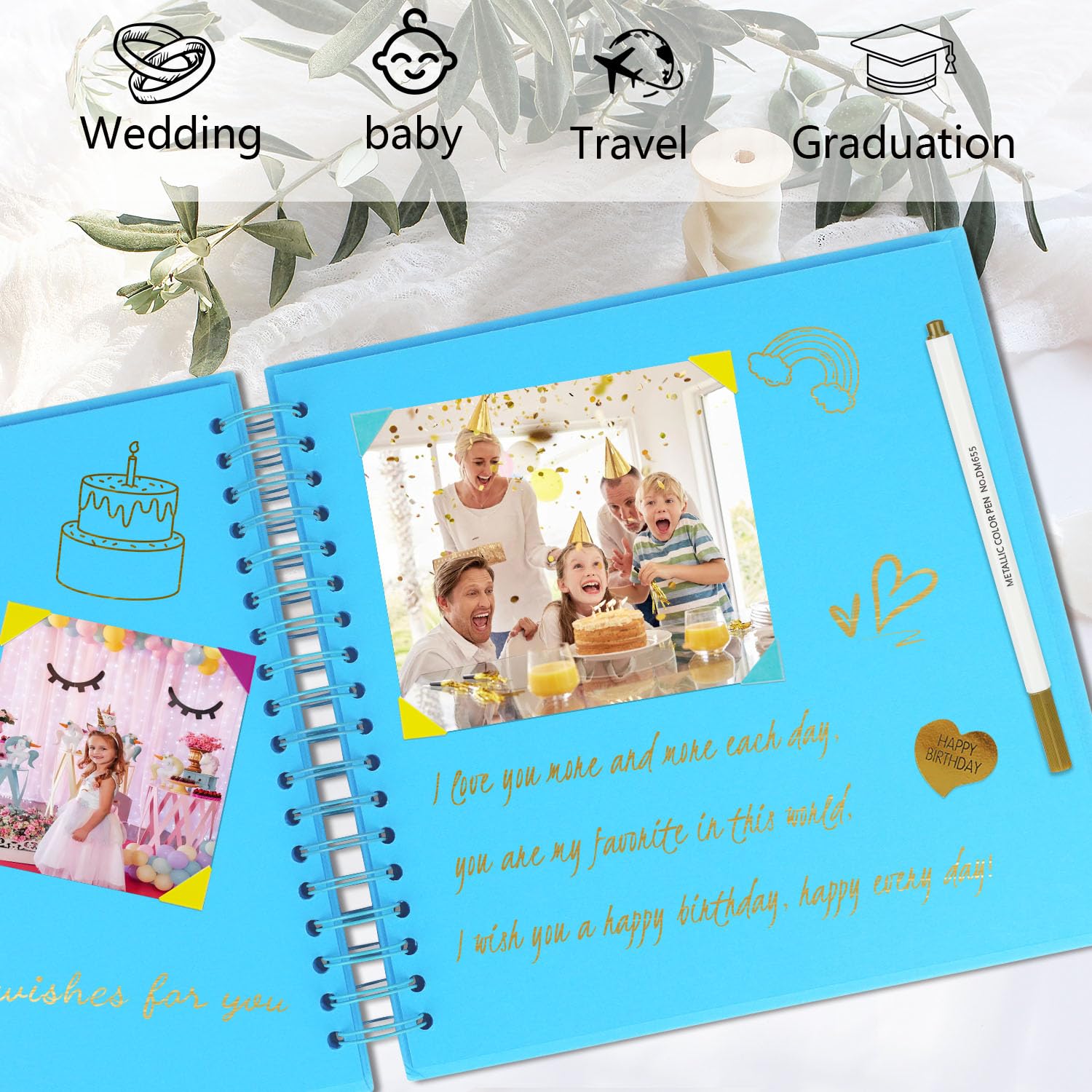 Miaikoe DIY Scrapbook Album 25.5x25.5 cm Hardcover Kraft Blank Paper Scrap Book with 20 Sheets Memory Book for Family Wedding Photography Anniversary (Blue) - Image 3