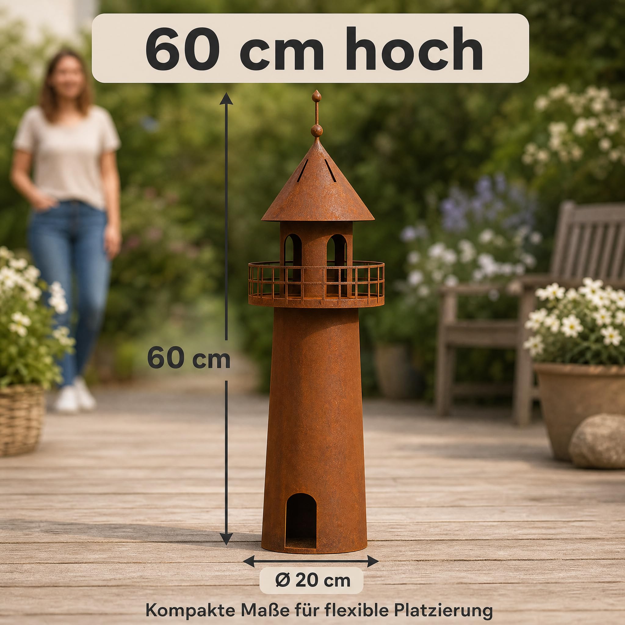 Leuchtturm Deko Edelrost, Gartendeko Metall, 60 cm | Maritime Rostdeko für Garten, Terrasse & Balkon – selbststehend, wetterfest, mit Hohlkörper für stimmungsvolle Beleuchtung