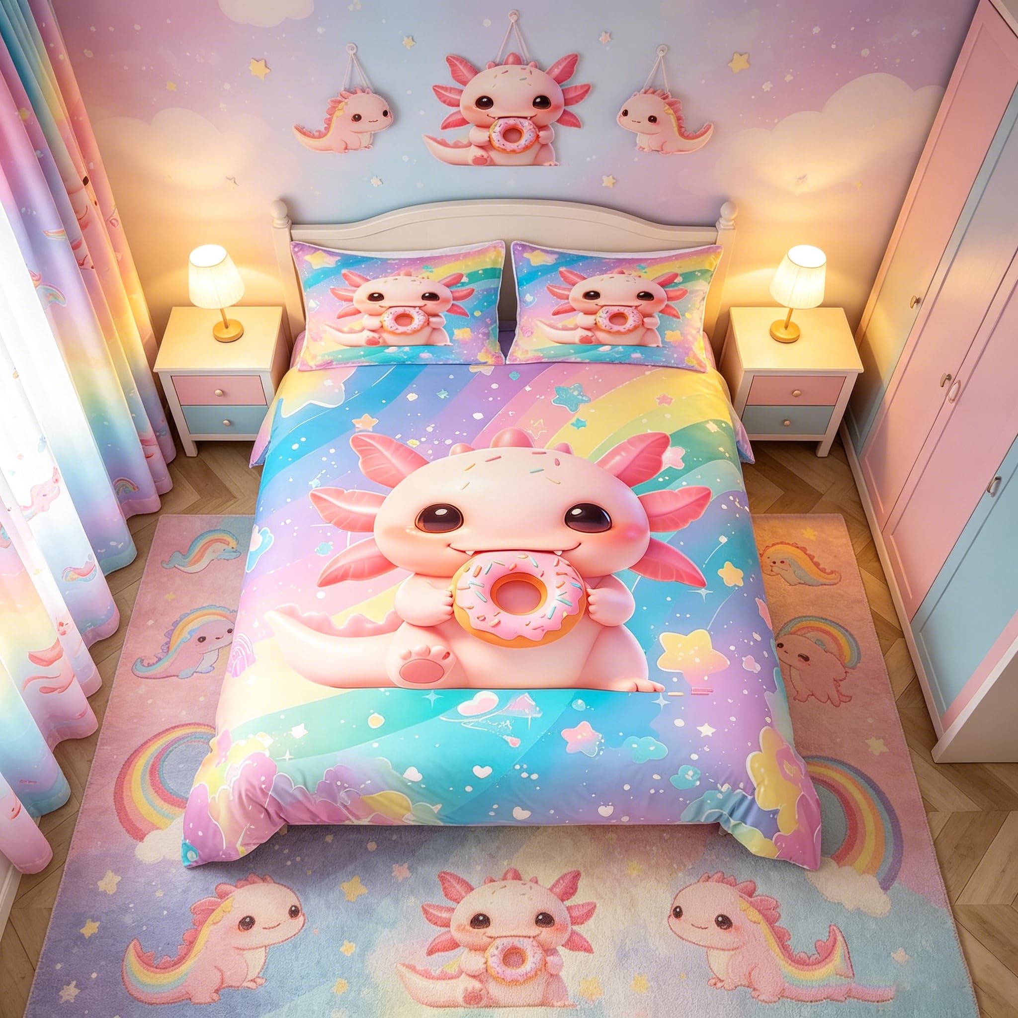 Manfei Cute Axolotl Kids Duvet Cover Set Double Size, Pink Axolotl Donut Bedding Set for Boys Girls Room Decor, Kawaii Animal Comforter Cover, Lightweight Bedspread Cover, 2 Pillowcases, No Comforter โ image 1
