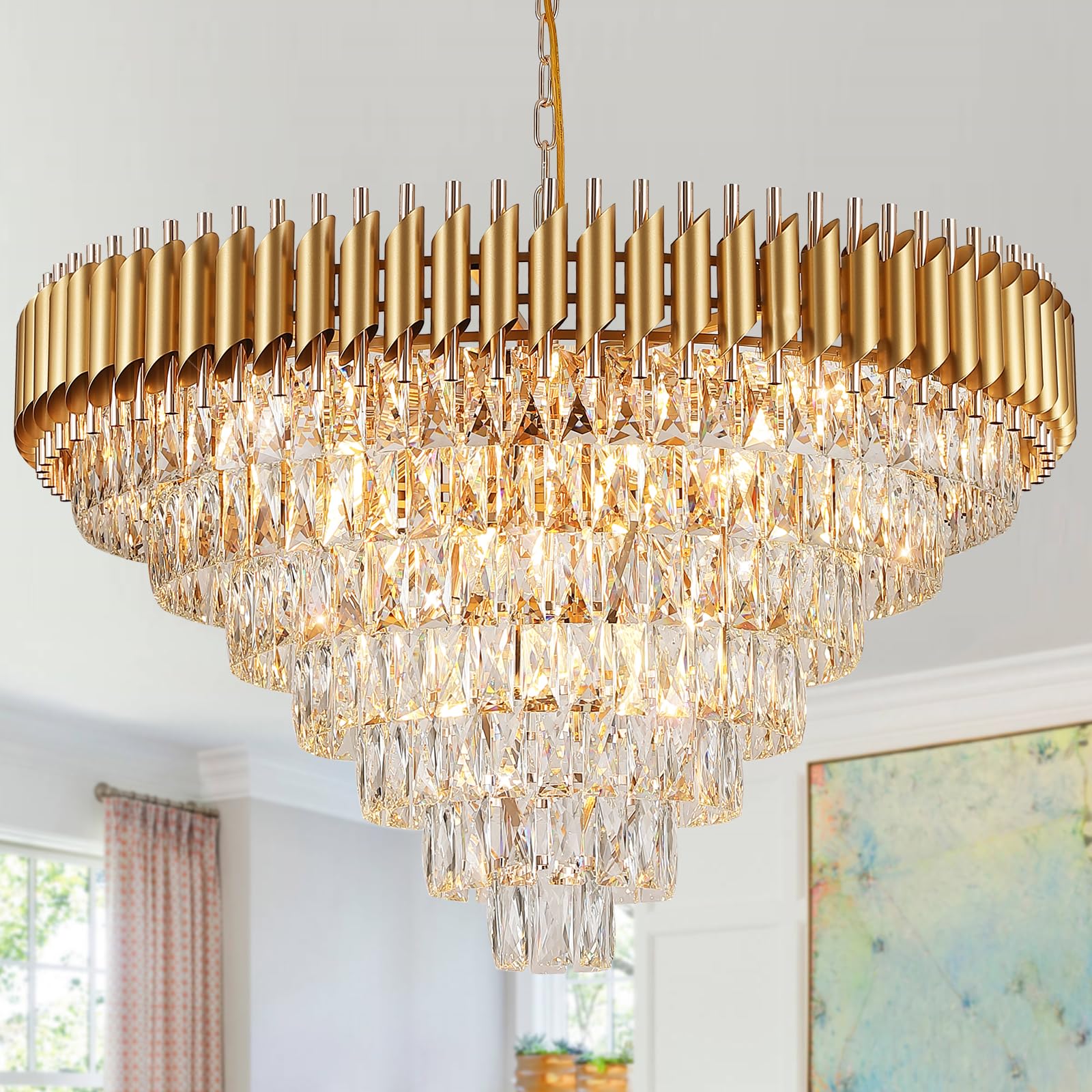AXILIXI 35 inch Gold Crystal Chandelier