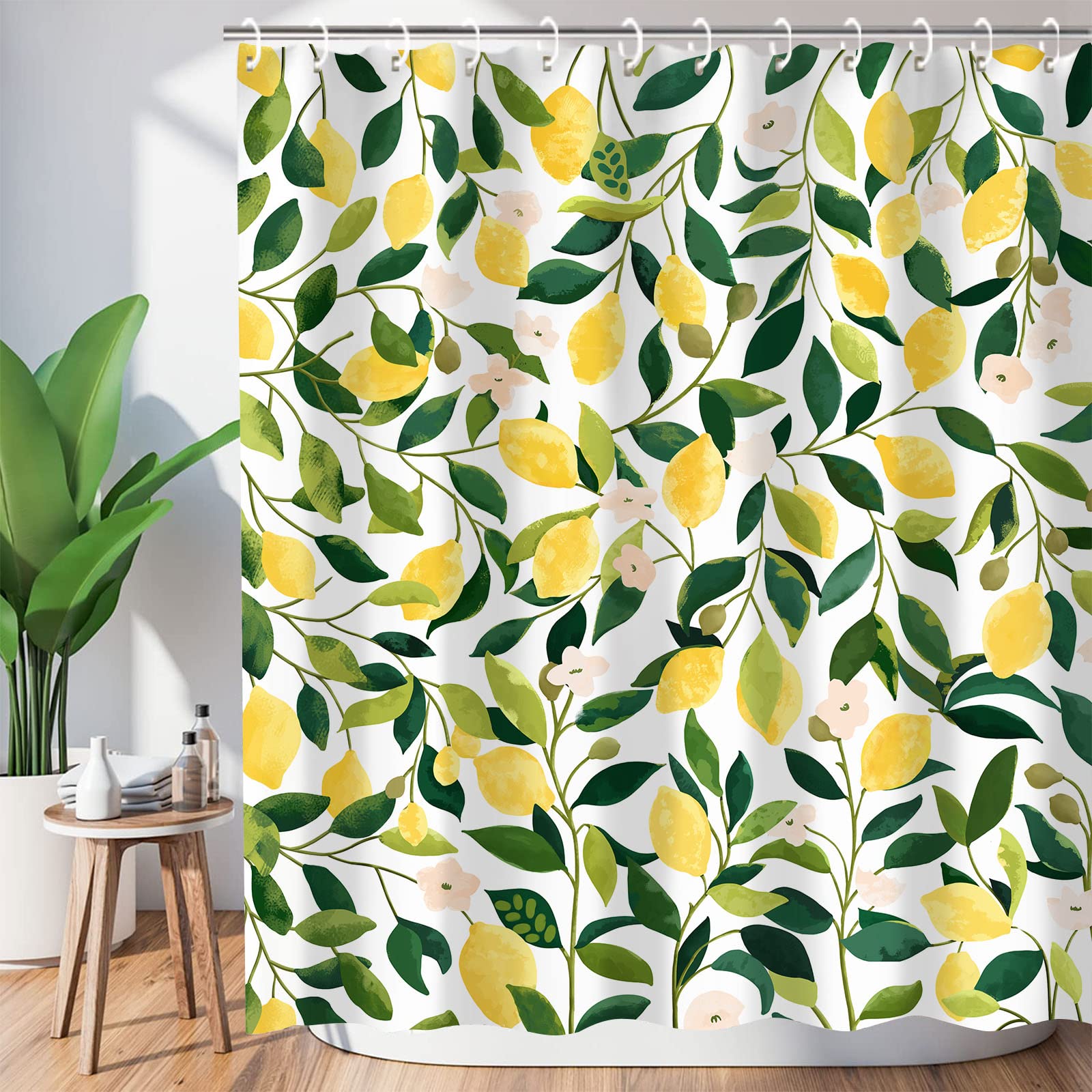 84 Inch Wide Lemon Shower Curtain Sets Green Leaves Plant Design Shower Curtain Modern Bathroom Decoration Curtain 84"×72" with 12 Hooks Waterproof Bathroom Accessories