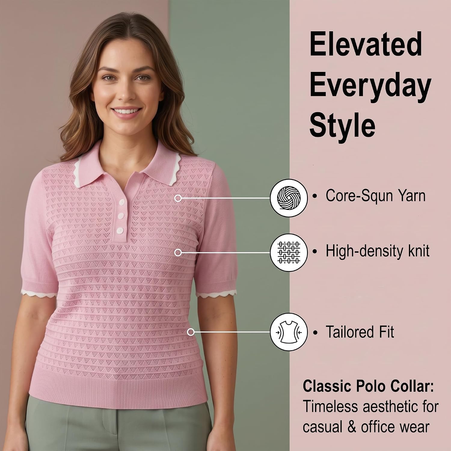 Women Short Sleeve Sweater Tops Lapel V Neck Polo Shirts Pink