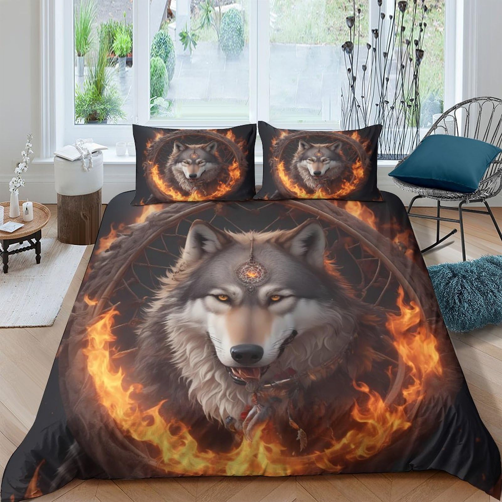 GPLZQXKJNH 3D Printed Wolf Fire Ring Duvet Cover Microfiber Soft Breathable Animal Flame Bedding Set with 2 Pillowcases for Bedroom Decor Single（135x200cm）