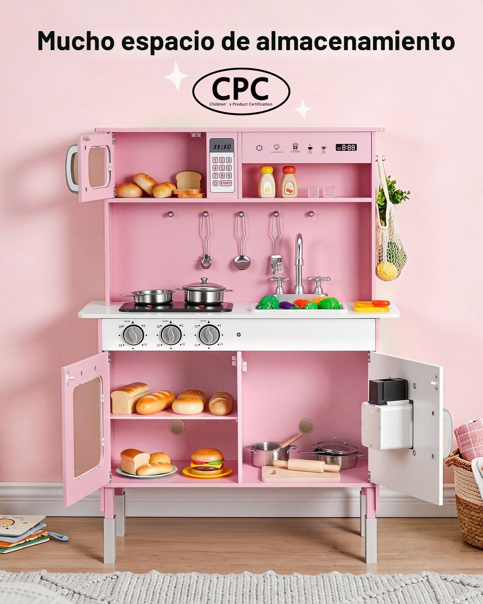 VEVOR Cocina de Juguete para Niños de 3 a 8 Años, Cocinita Infantil de Madera con Luces y Sonidos, Zonas Interactivas, Fregadero, Microondas, Accesorios, Juego de Cocina con Almacenamiento, Color Rosa