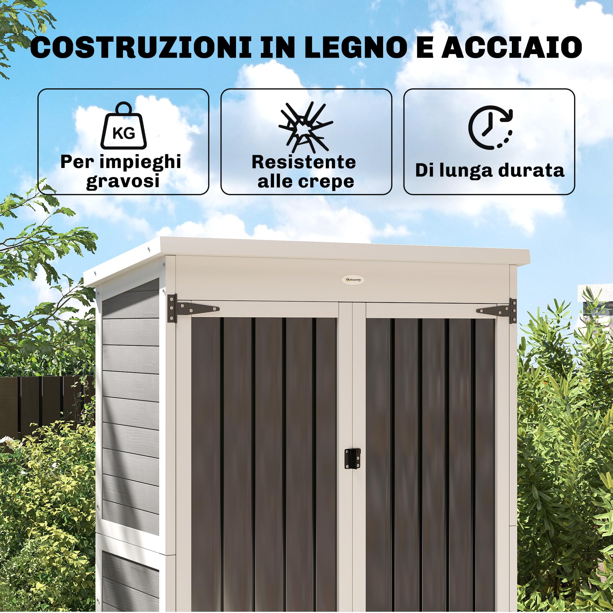 Outsunny Armario de jardín de Madera de Abeto y Acero, caseta para Herramientas de jardín con Puerta con Cerradura, Techo de Asfalto, estantes extraíbles, cobertizo para Herramientas de Exterior, 94