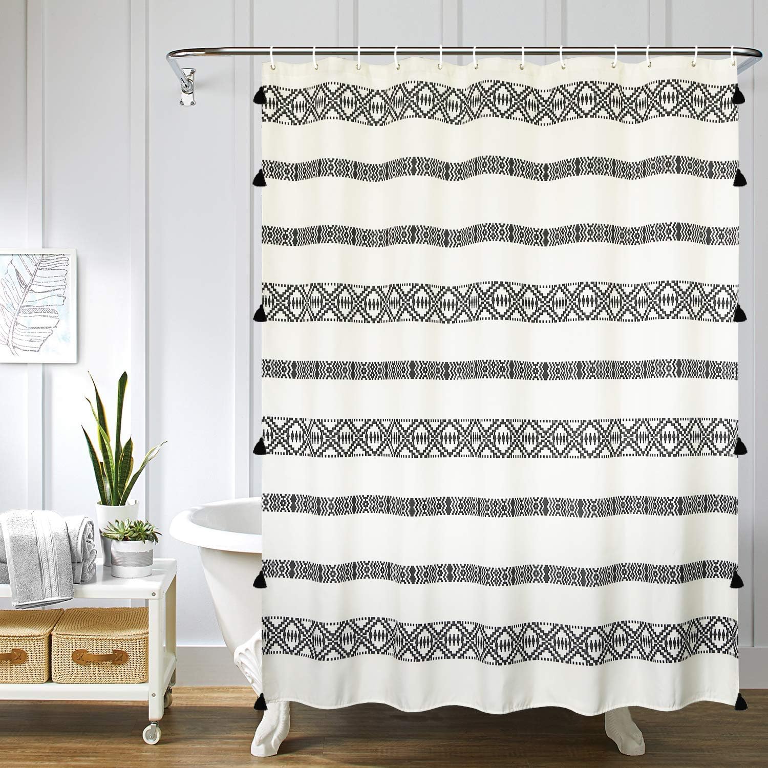 Uphome Boho Shower Curtain with Tassels Fabric Black and Beige Bath Curtain Set with Hooks Tribal Geometric Striped Bathroom Curtains Heavy Duty,72x72