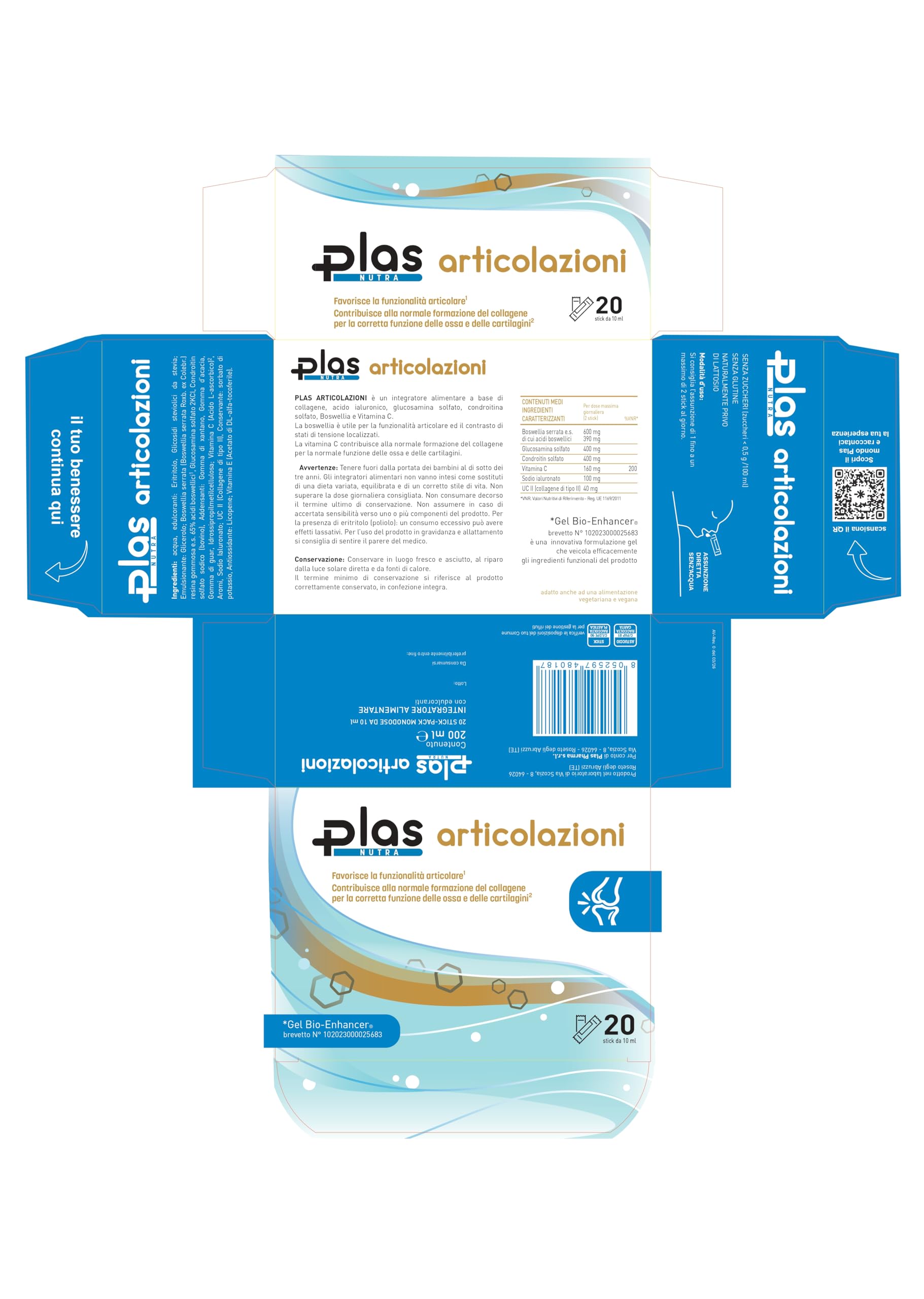 Articolazioni - Integratore con Glucosamina, Condroitina, Boswellia 600 mg, Acido Ialuronico, Collagene Tipo II, Vitamina C - 20 Stick Pronti all'Uso, Gel Bio-Enhancer® Brevettato, Vegano