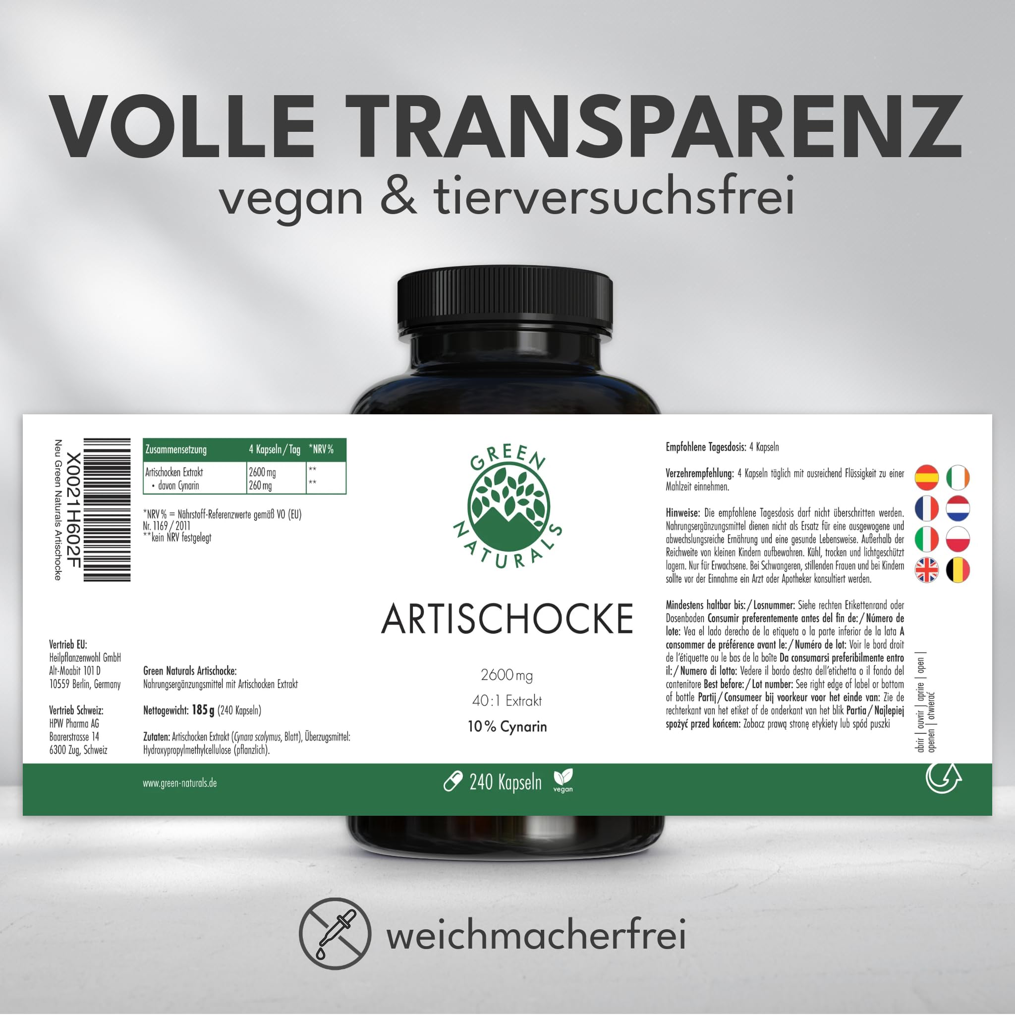 Green Naturals Artischocke – Hochdosiert: 2.600 mg Extrakt – 240 Kapseln | 40:1 pro Tagesdosis · Entspricht 104.000 mg Artischocke · 260 mg Cynarin · 2-Monatsvorrat