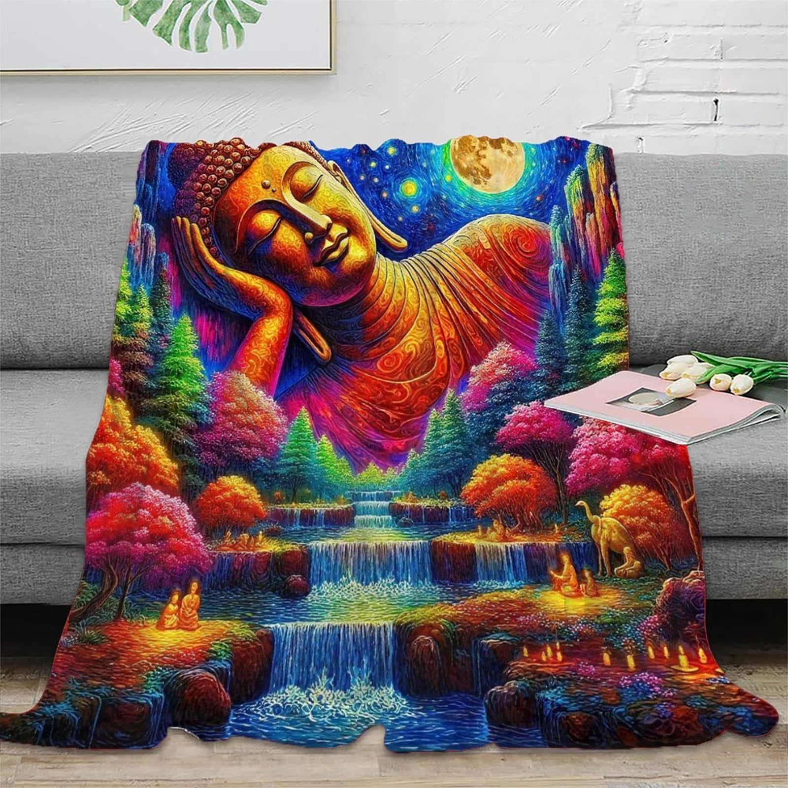 Plaid Bouddha 3D pour canapé couverture polaire chaude et douce 180x200cm