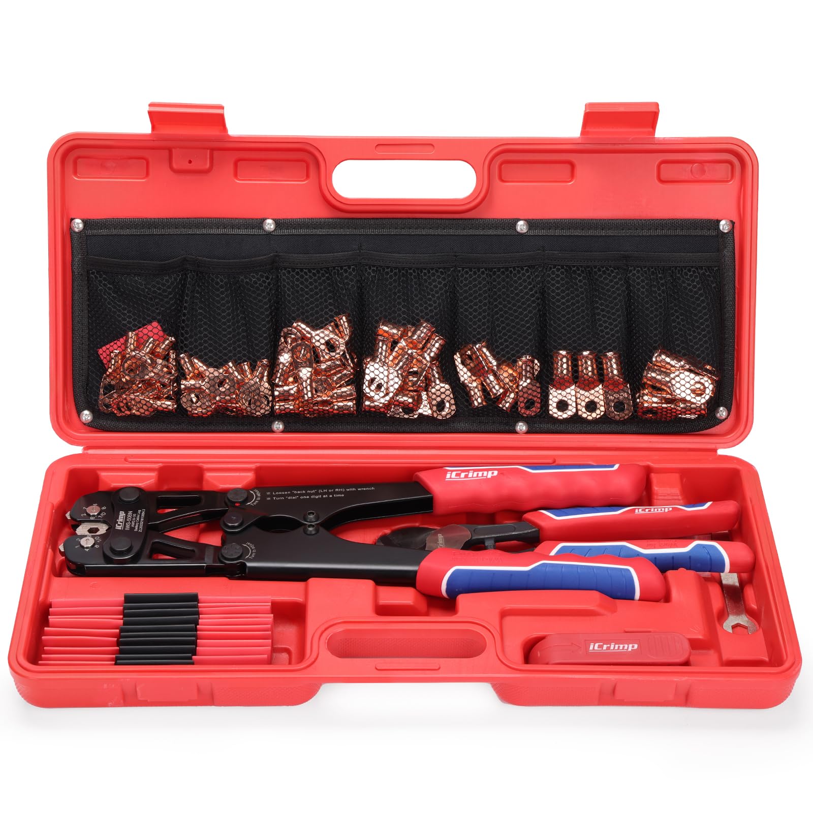 iCrimp Battery Cable Lug Crimping Tool Kit for 8-1/0 AWG - 63pcs Copper Lugs & 25pcs Heat Shrink Tubes, Wire Cutter & Stripper