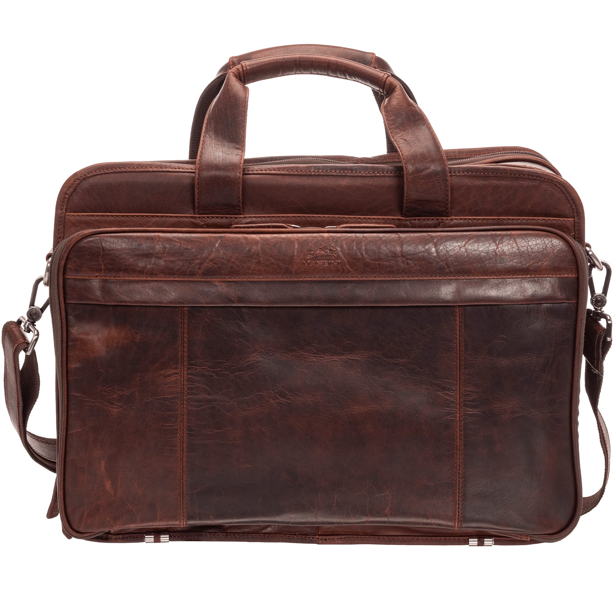 Mancini Buffalo Double Compartment Top Zipper 15.6” Laptop/Tablet Briefcase, Brown, Brown