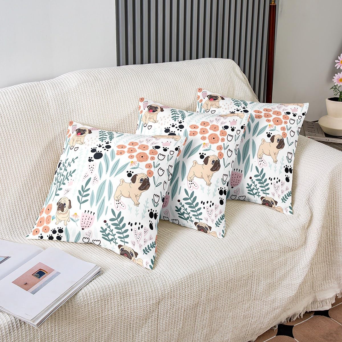 Homewish Zestaw 4 poszewek na poduszki z motywem psa kawaii, kreskówkowy mops, 45 x 45 cm, urocza miłość, serce, liść, kwiat, poszewki na poduszki dla dzieci, dziewcząt, chłopców, nadruk łap,