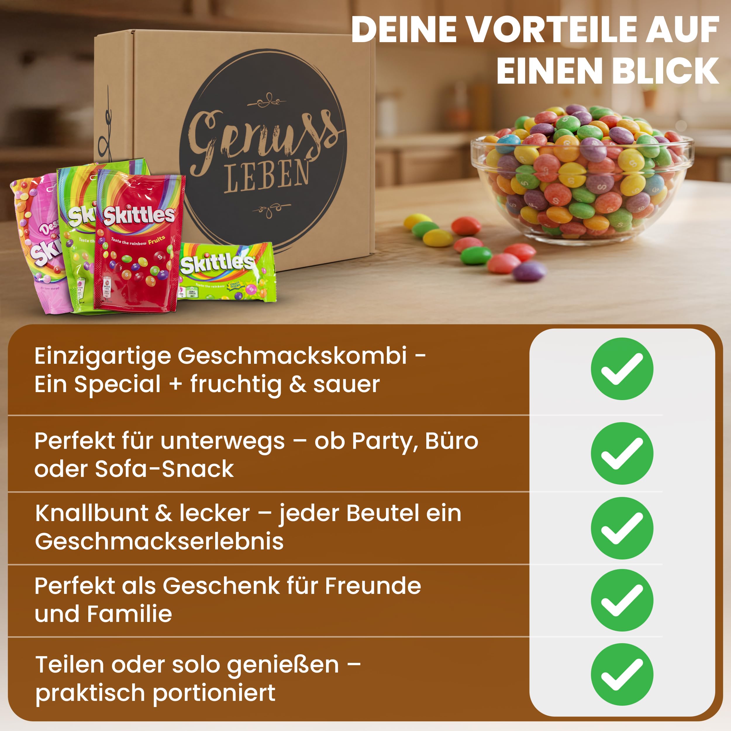 Genussleben Box mit 600g Skittles zum Naschen und Teilen für Familie, Freunde und Genießer. Kaubonbons Dragees als Geschenk oder Süße Auszeit