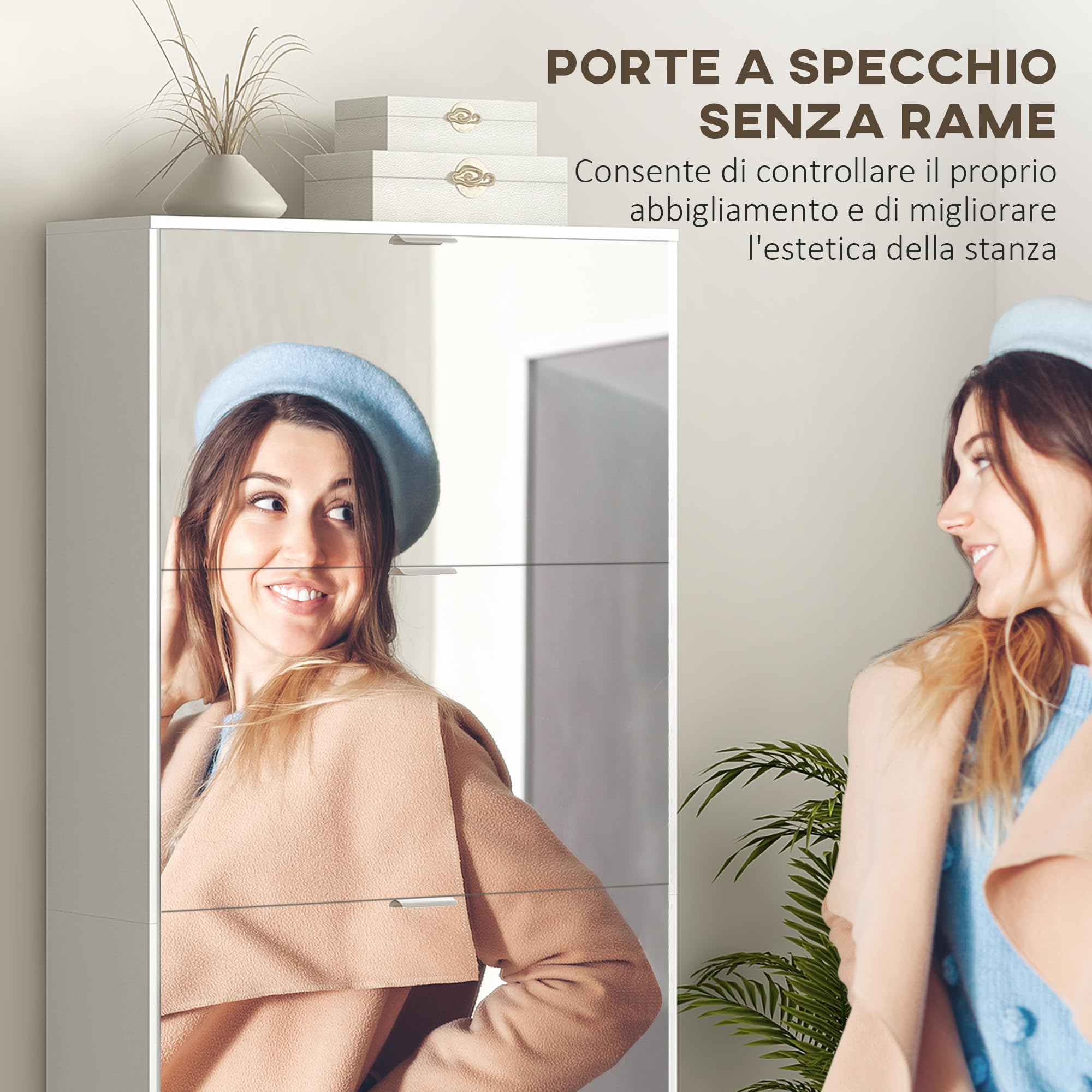 HOMCOM Scarpiera Salvaspazio con Specchio e 4 Cassetti a Ribalta, Mobile Portascarpe Slim per 24 Paia di Scarpe per Ingresso e Camera, 76x26x178cm, Bianco