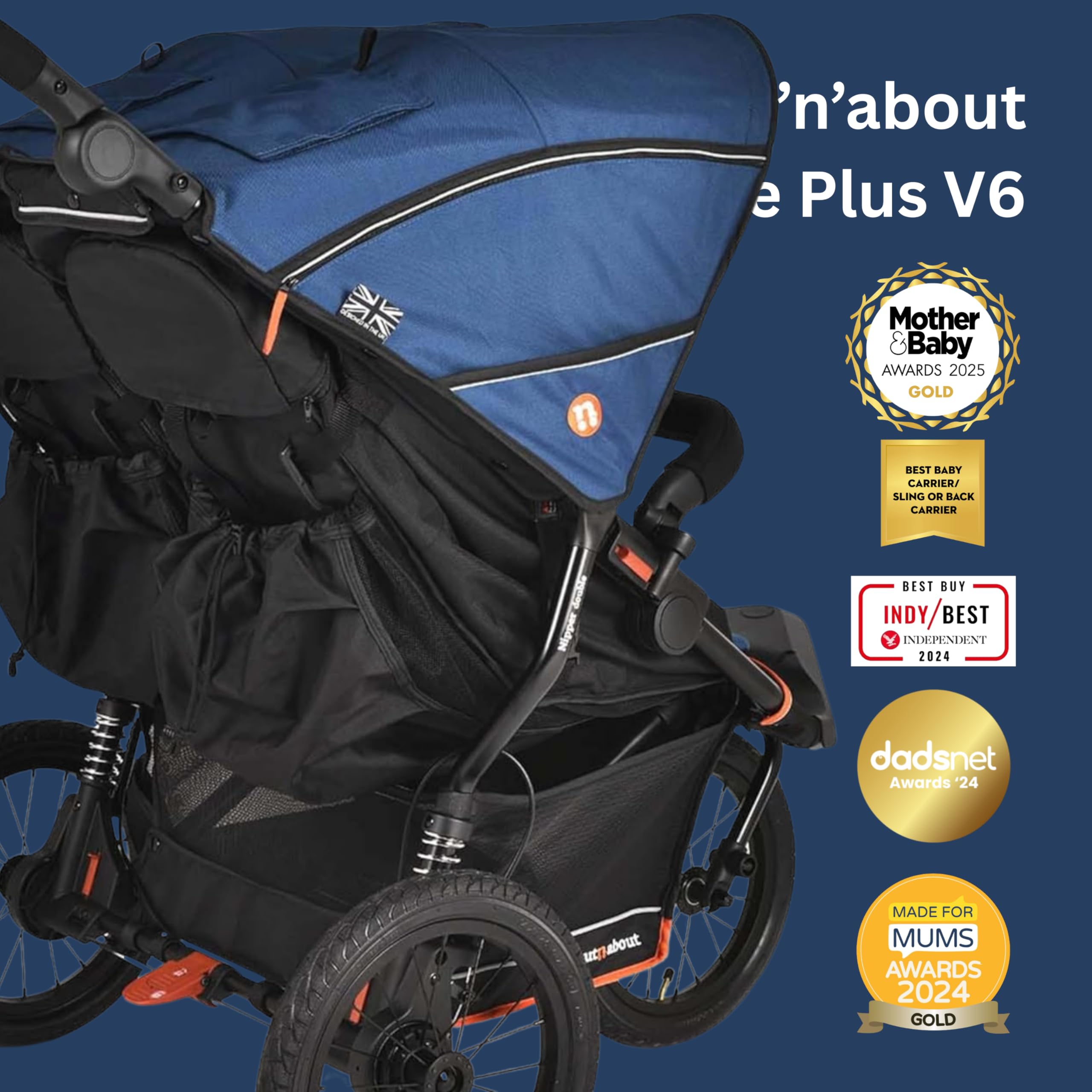 Out'n'About Nipper - Passeggino doppio modello V6+ e parapioggia, passeggino da corsa certificato, leggero per tutti i terreni con una sola mano, doppia carrozzina con sospensioni, ruote gonfiate ad