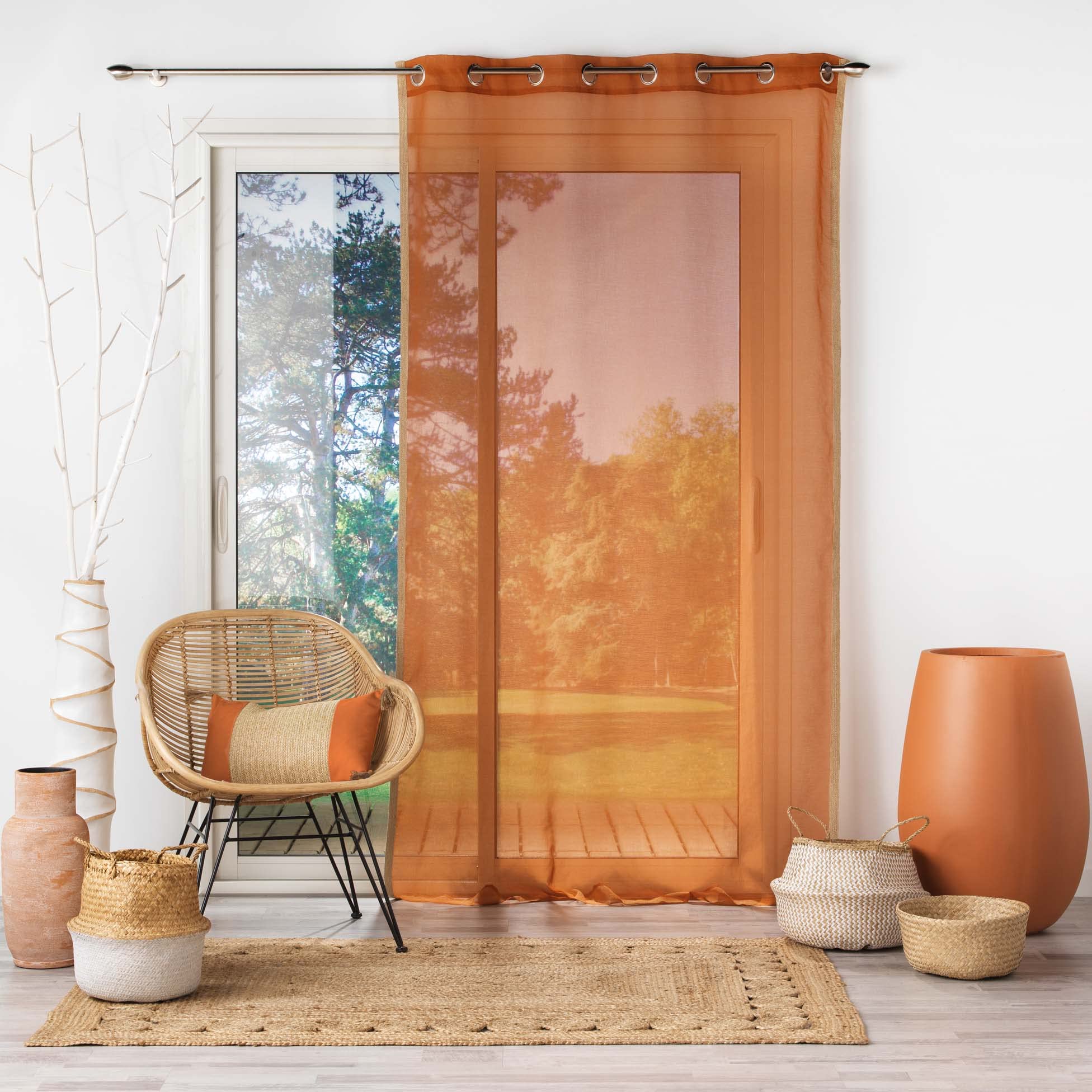 Tenda Douceur D'Intérieur Con Occhielli – 140x240 Cm, Arancione, Velo Sabbiato In Policotone E Iuta