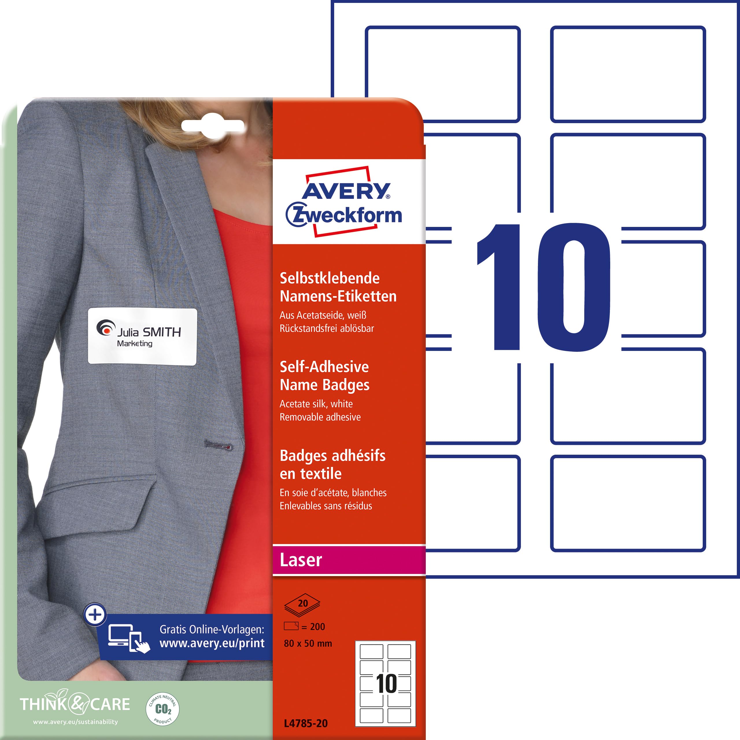 AVERY Zweckform L4785-20 Namensetiketten 200 Stück (80x50mm, bedruckbar) weiß & 4842R Lanyard 10 Stück (44x1,5cm, mit Karabinerhaken-Sicherheitsverschluss) rot
