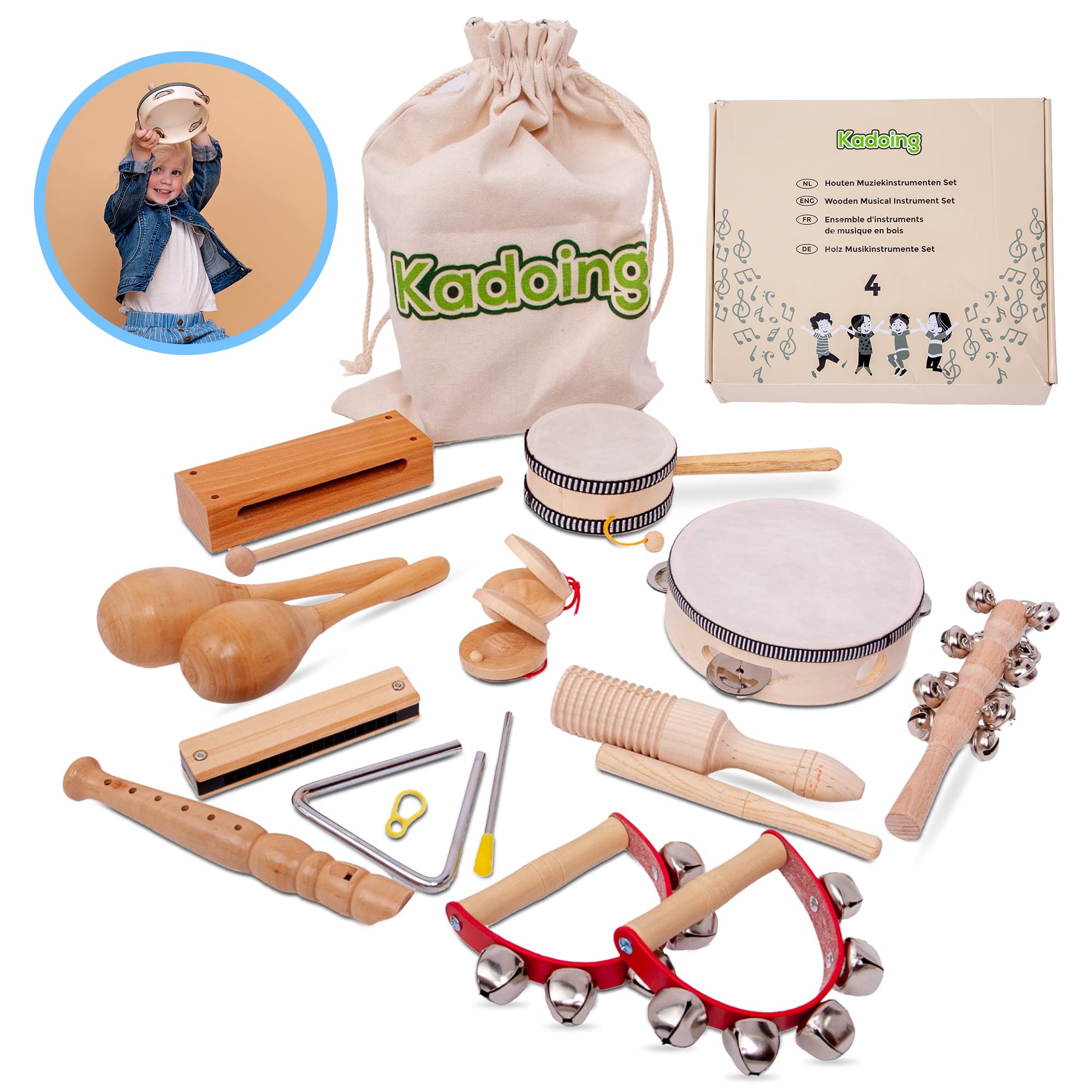 18-teiliges Musikinstrumenten Set aus Holz - Nachhaltiges Geschenk - Lernspielzeug - Geburtstag zu Hause - Montessori Spielzeug - Kinderspielzeug - Musik für Kinder