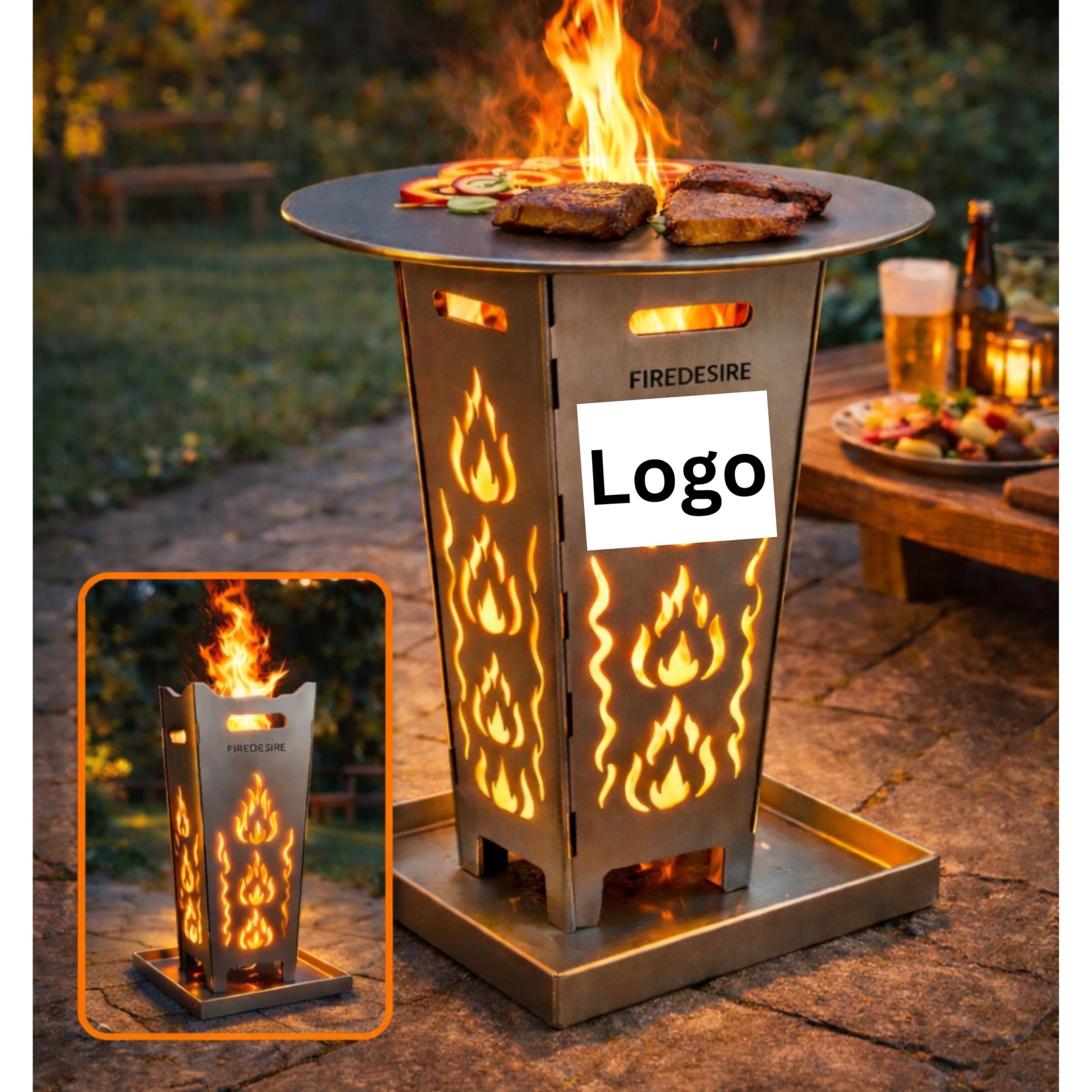 FireDesire Feuerkorb personalisiert 80cm + Grillplatte + Ascheschale, Feuertonne, Feuerschale, Grilltonne, Ofen, Terassenofen, Grillsäule, Grill